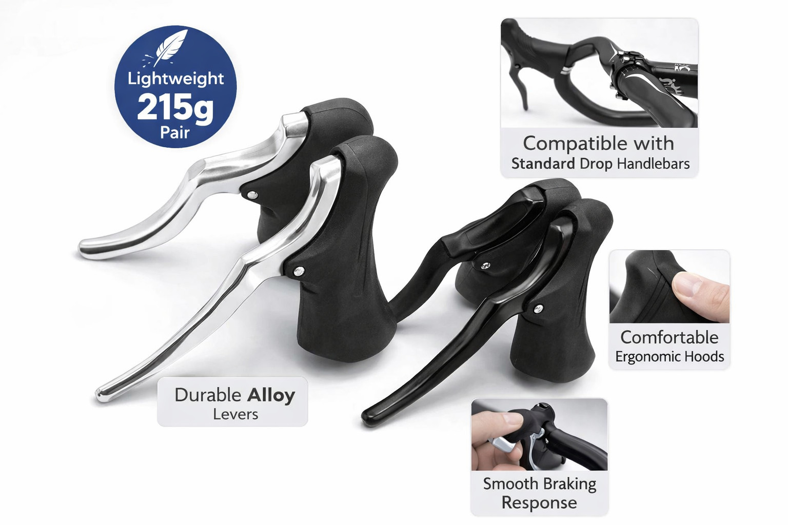Bicycle Brake Levers Drop Bar Road Bike Hoods Set Black Silver Lightweight Pair