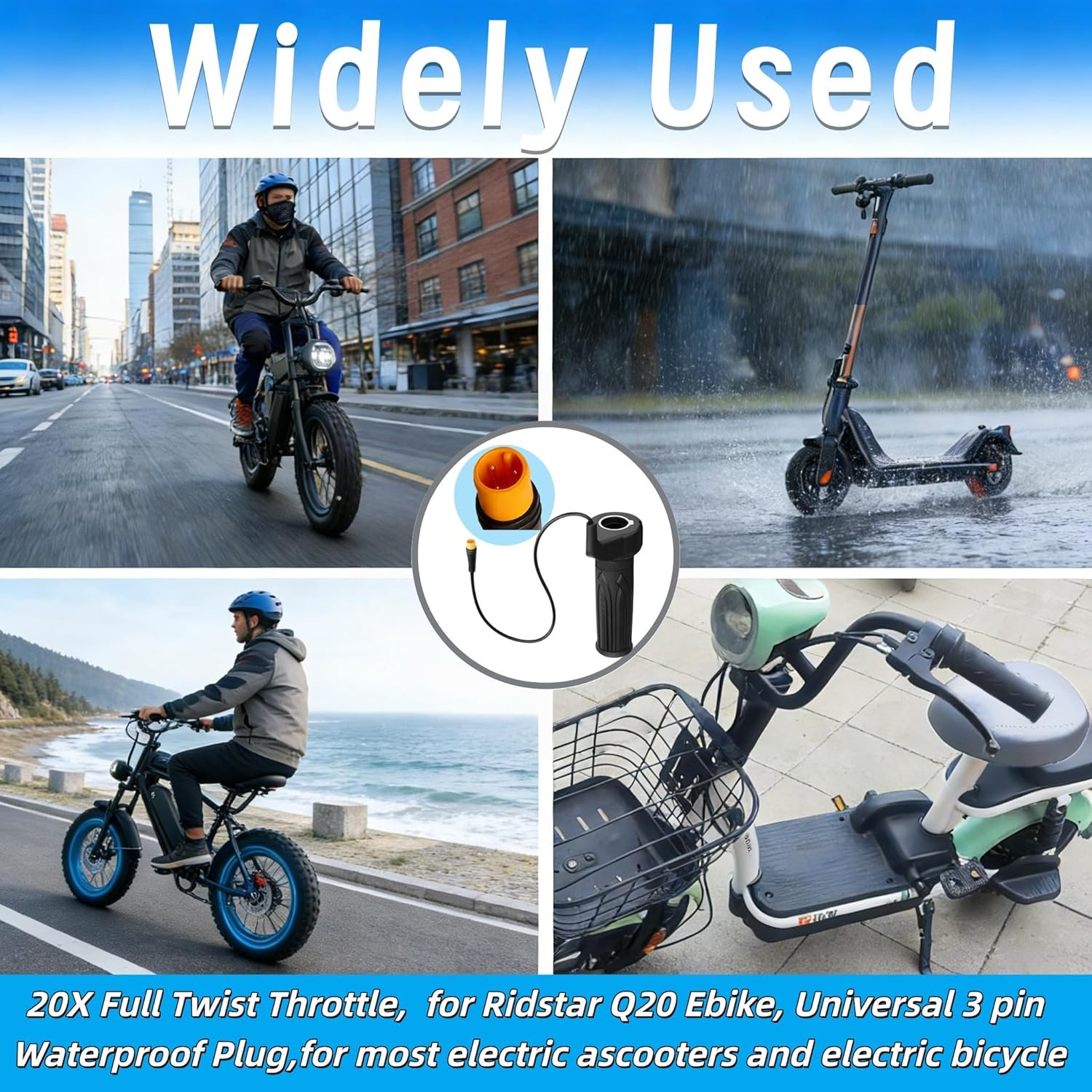 20X Full Twist Throttle Grip, for Ebike 12V-72V, 22.2Mm Handlebar, 3Pin Waterpro