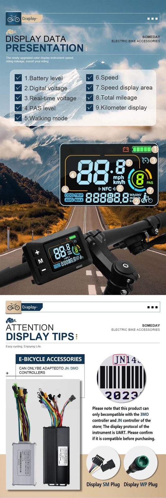 Electric Bike JN Display Control Panel with SM/WP Plug 24-60V 3 Mode Controller