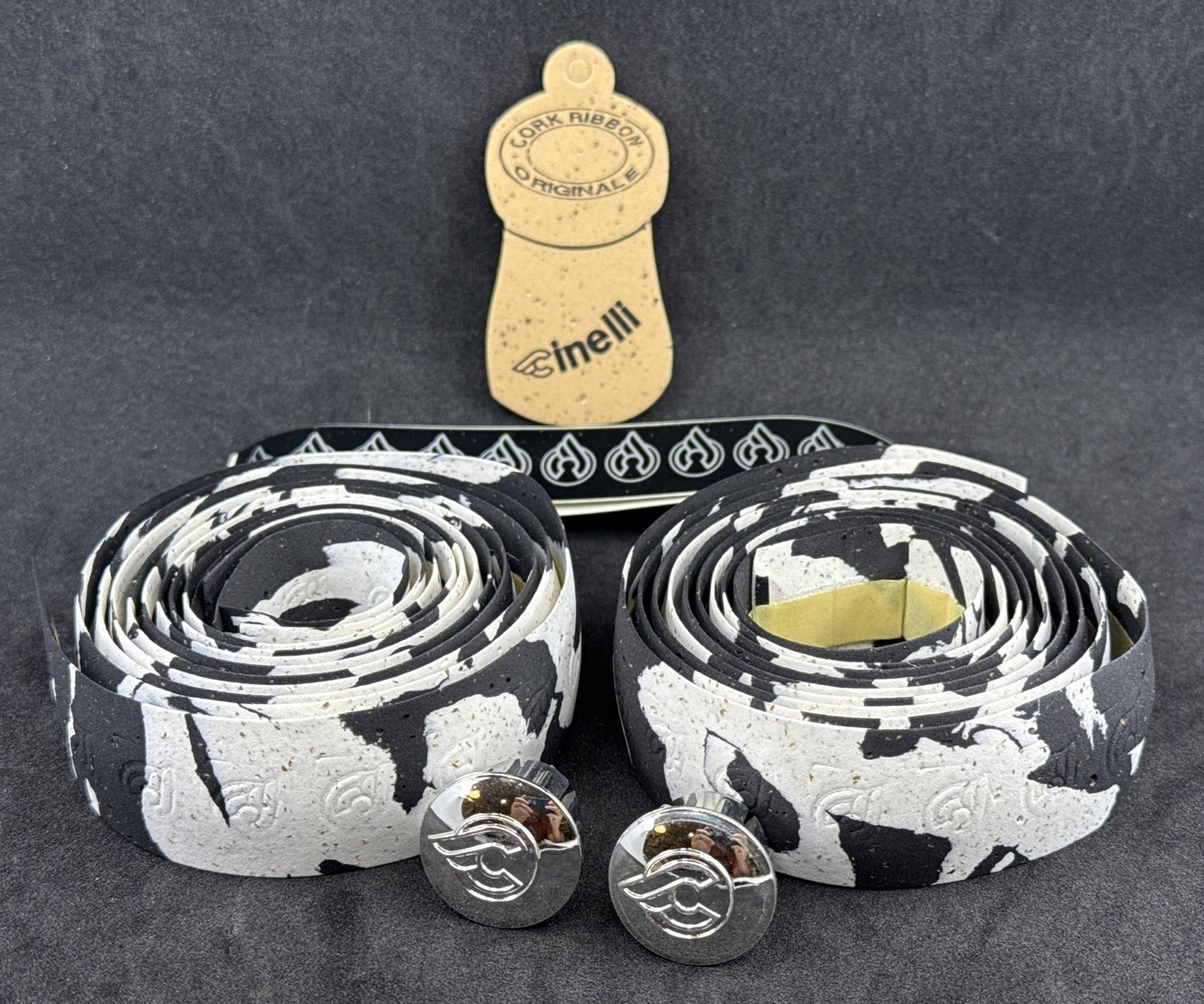 NOS VINTAGE Cinelli CORK White & Black MacroSplash Handlebar Tape Chrome Plugs