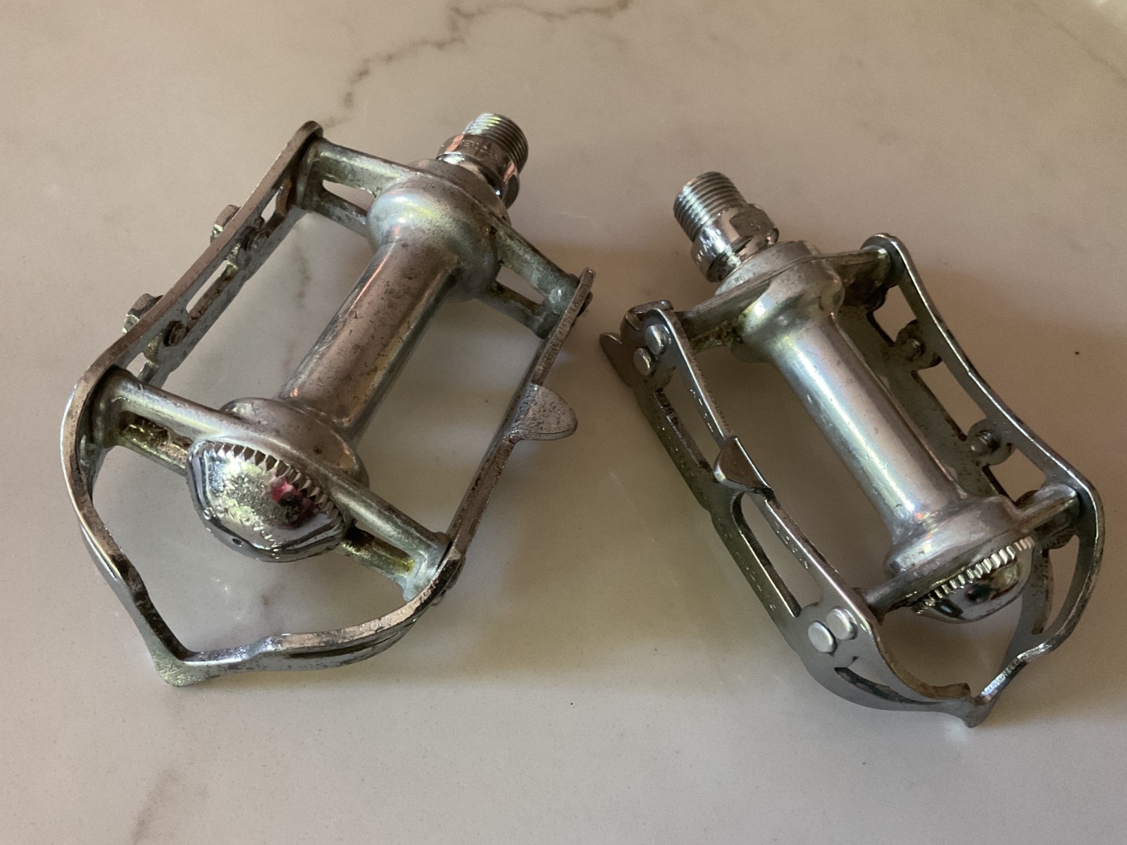 Campagnolo Record Road Pedals Chrome Steel 1980s 9/16 X 20 Patina Nice Caps