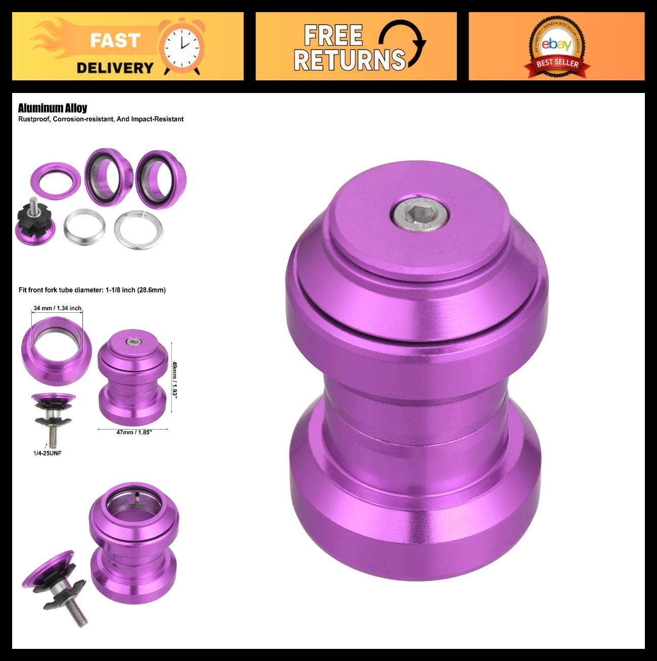 34mm Threadless Bicycle Headset Combo – Sealed Bearings, MTB/Road, Purple Top Ca
