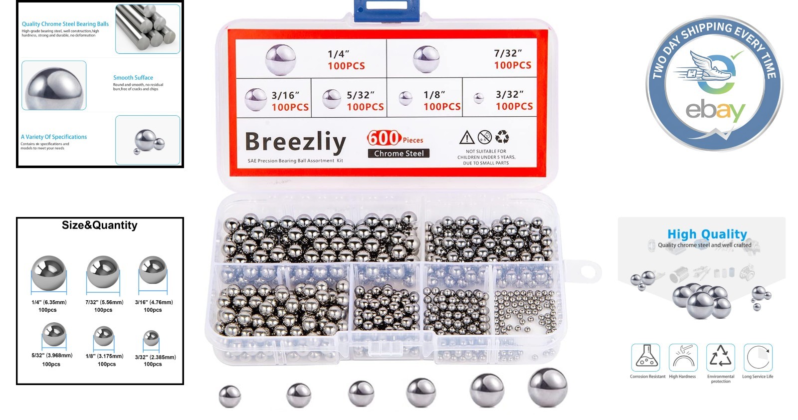 Assorted 6 Sizes of Chrome Steel Bearing Balls – 600 Pieces for Versatile Use