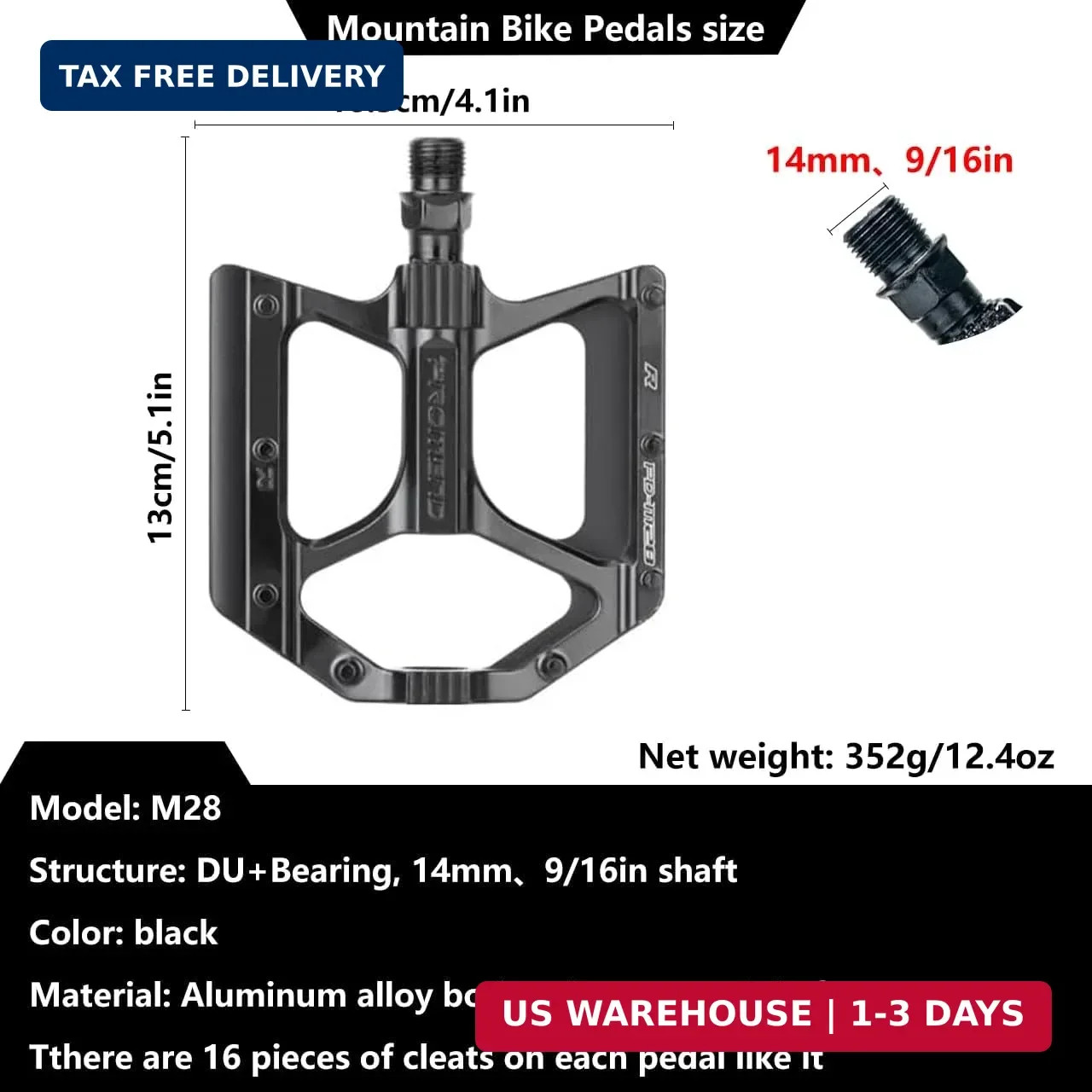 Mountain Bike Pedals MTB Pedals, Large Size Aluminum Alloy Body with Boron Steel