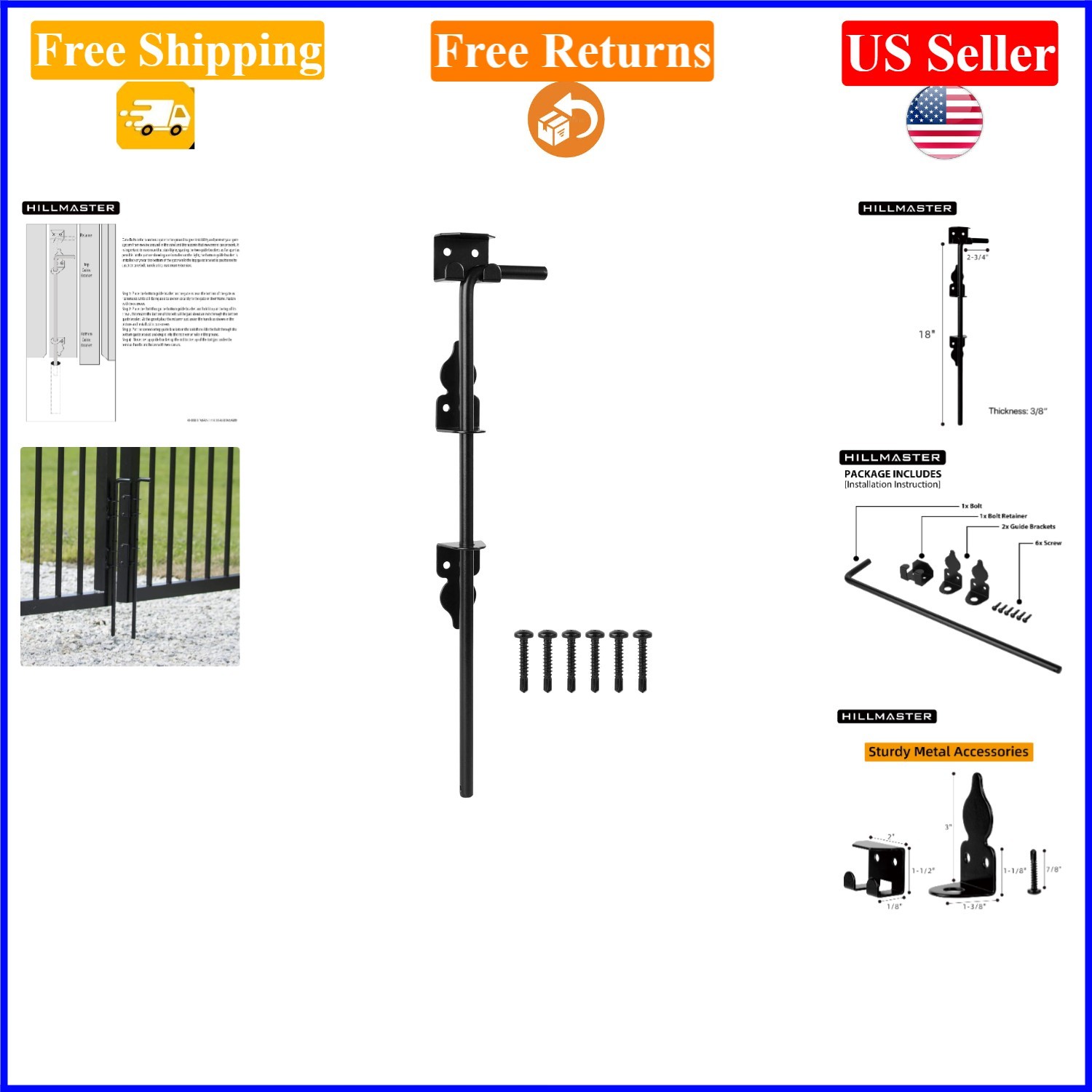 18in Heavy Duty Black Steel Cane Bolt for Wood & Metal Gates – 9 Piece Set