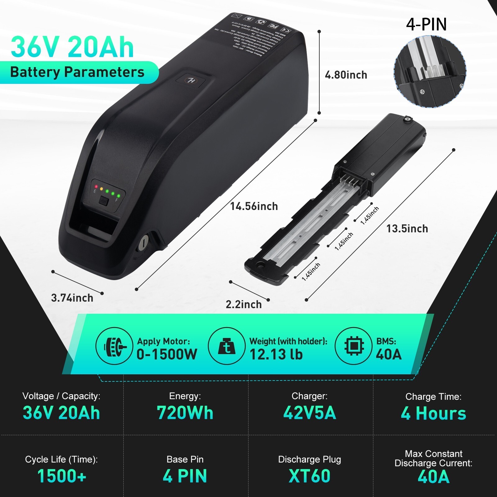 52V 48V 36V 20Ah Ebike Battery 20W-2000W Electric BIKE Black Lithium Battery