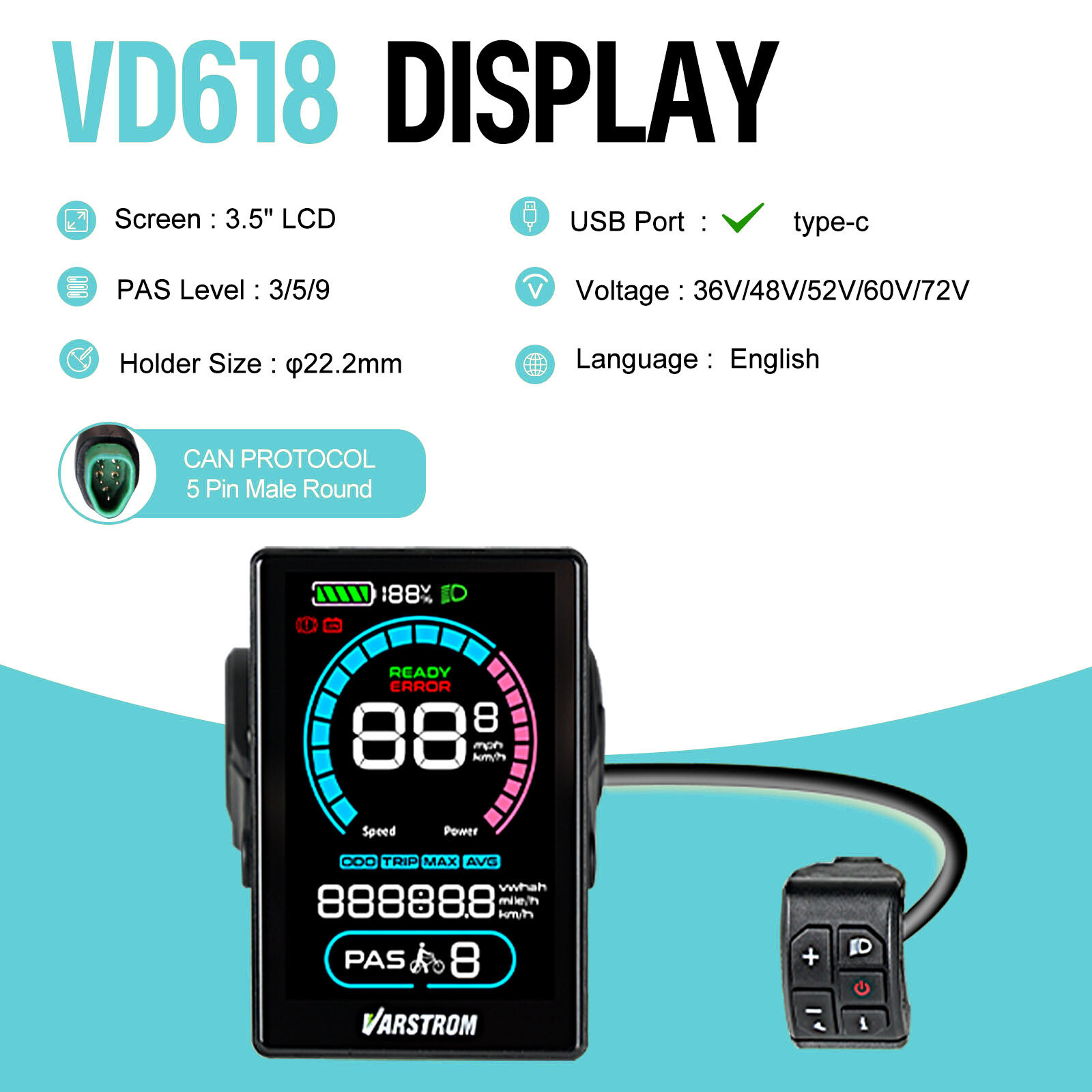 5 Pin E-Bike Display Screen CAN Protocol IP65 for Bafang Mid Motor BBS BBS-HD