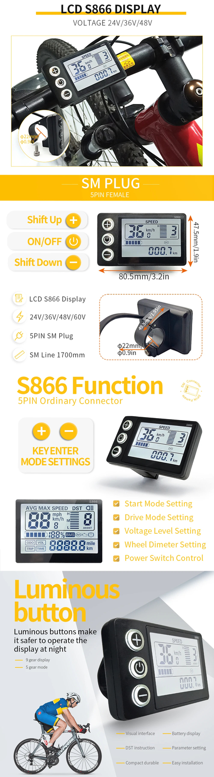 Electric Bicycle 350W/500W Controller with S866 LCD Display for Hub Wheel Motor