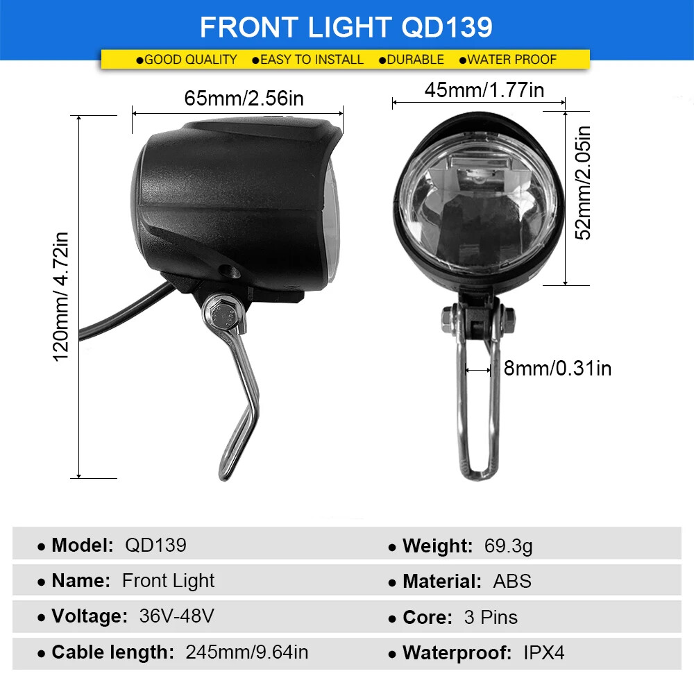 Electric Bike Waterproof Headlight and Rear Light Set 36V/48V DK336 Switch Cable