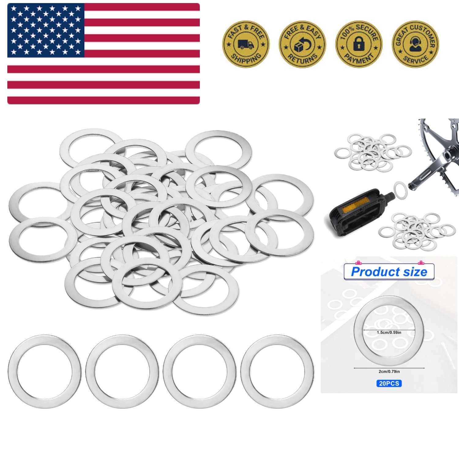 20PCS Pedal Washers Spacers, 9/16” Road Bike Pedal Extenders Bicycle Stainles…