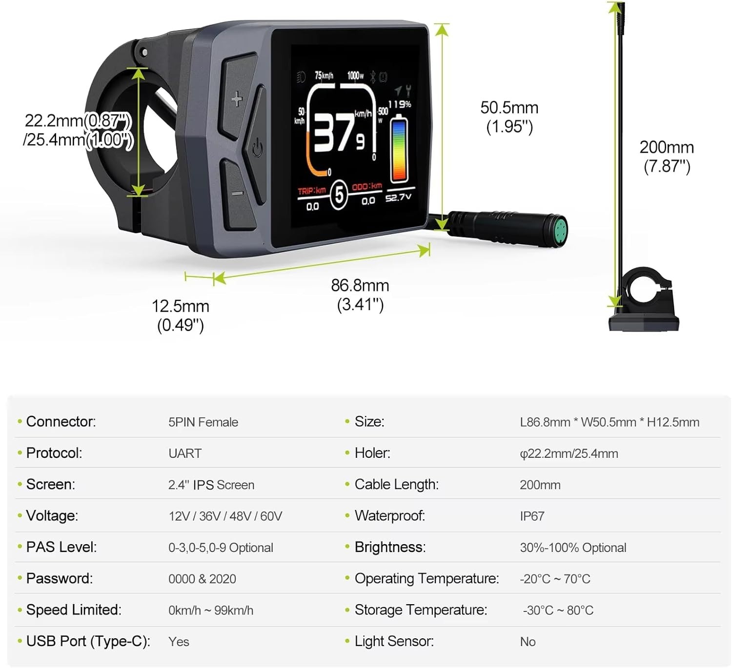 Ebike 24V/36V/48V LCD Display 500C Display for Bafang BBS BBSHD Mid Hub Motor US