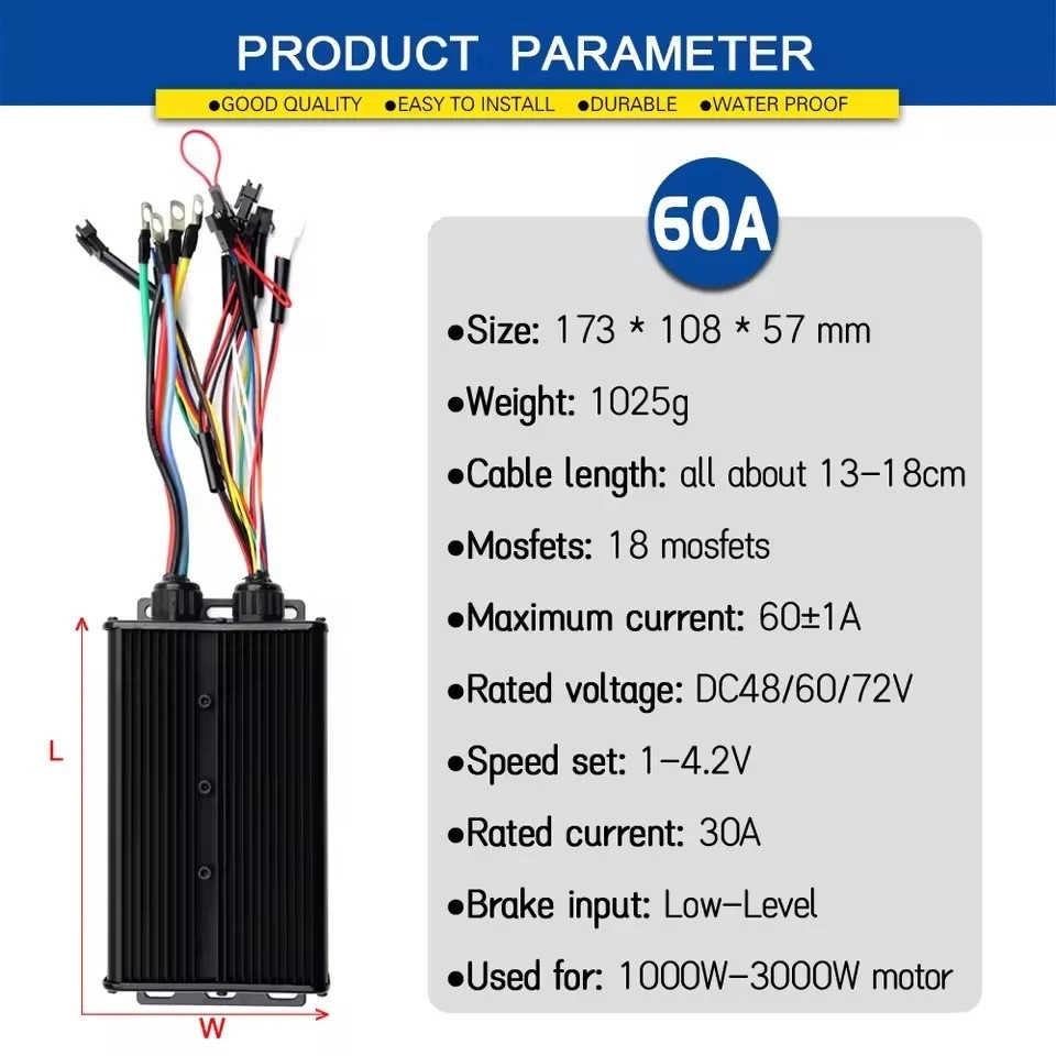 48V-72V 60A 3-Mode 18 Tubes Sine Wave Controller for Ebike 1000-3000W Motor