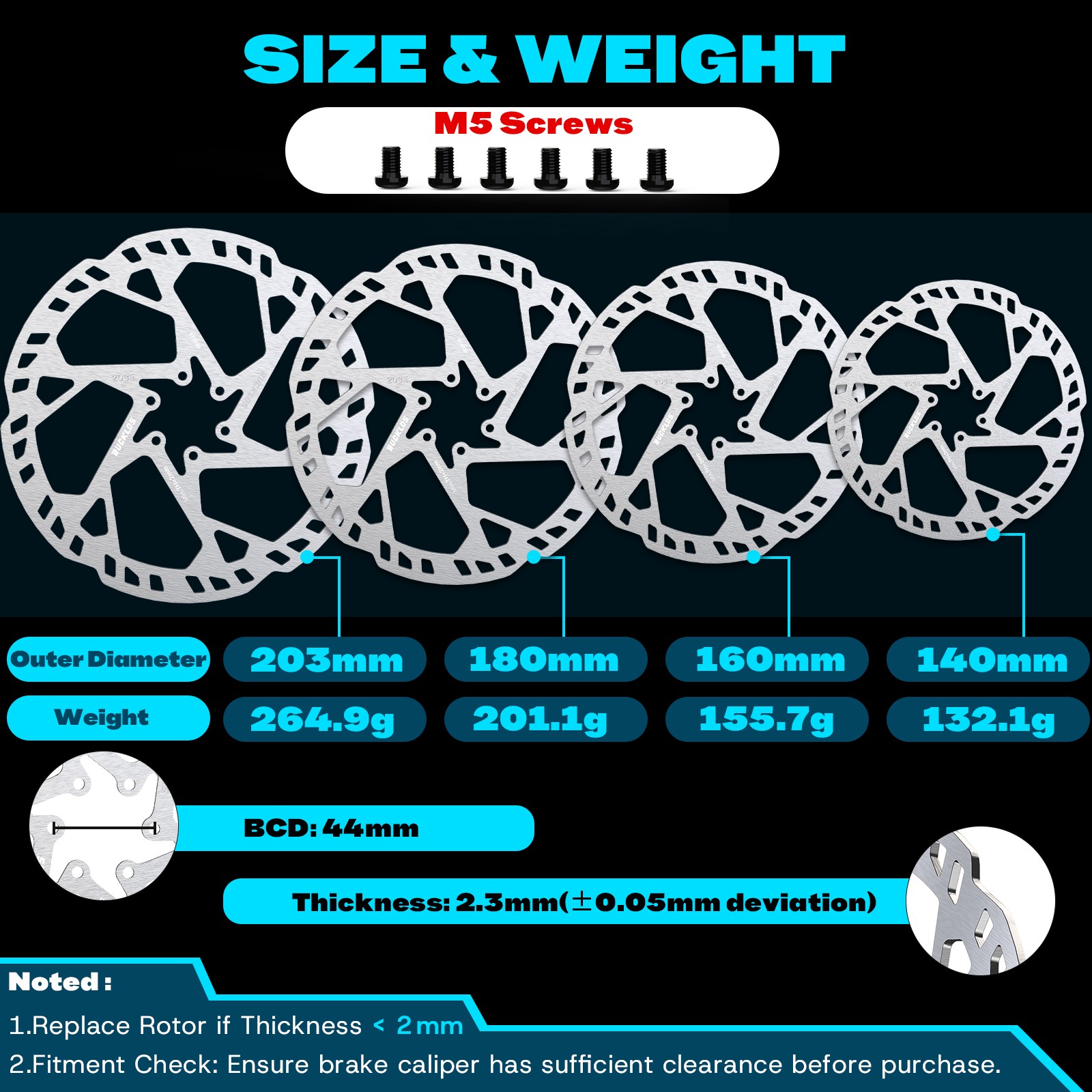 E-bike 2.3mm Disc Brake Rotor Thicken 140/160/180/203mm MTB 6 Bolts Aluminium US