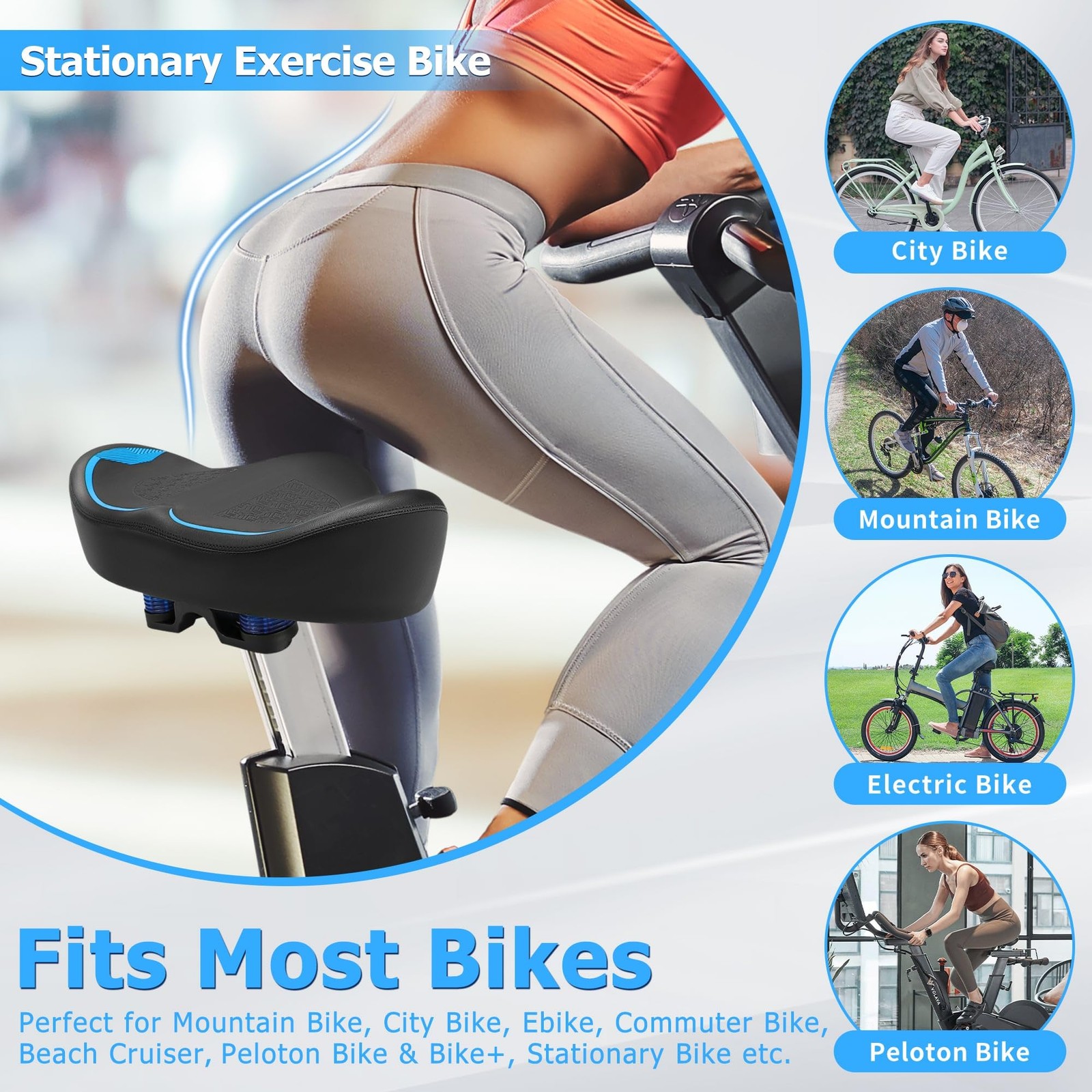 Noseless Oversized Bike Seat For Men Women Comfort Extra X-Large Blue Cushion
