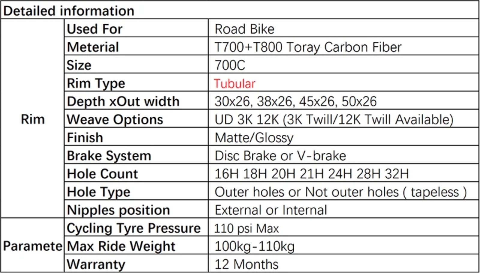 1 Pcs 700c Gravel Bike Carbon Rims Tubular 26mm Width 30mm 38mm 45mm 50mm Depth