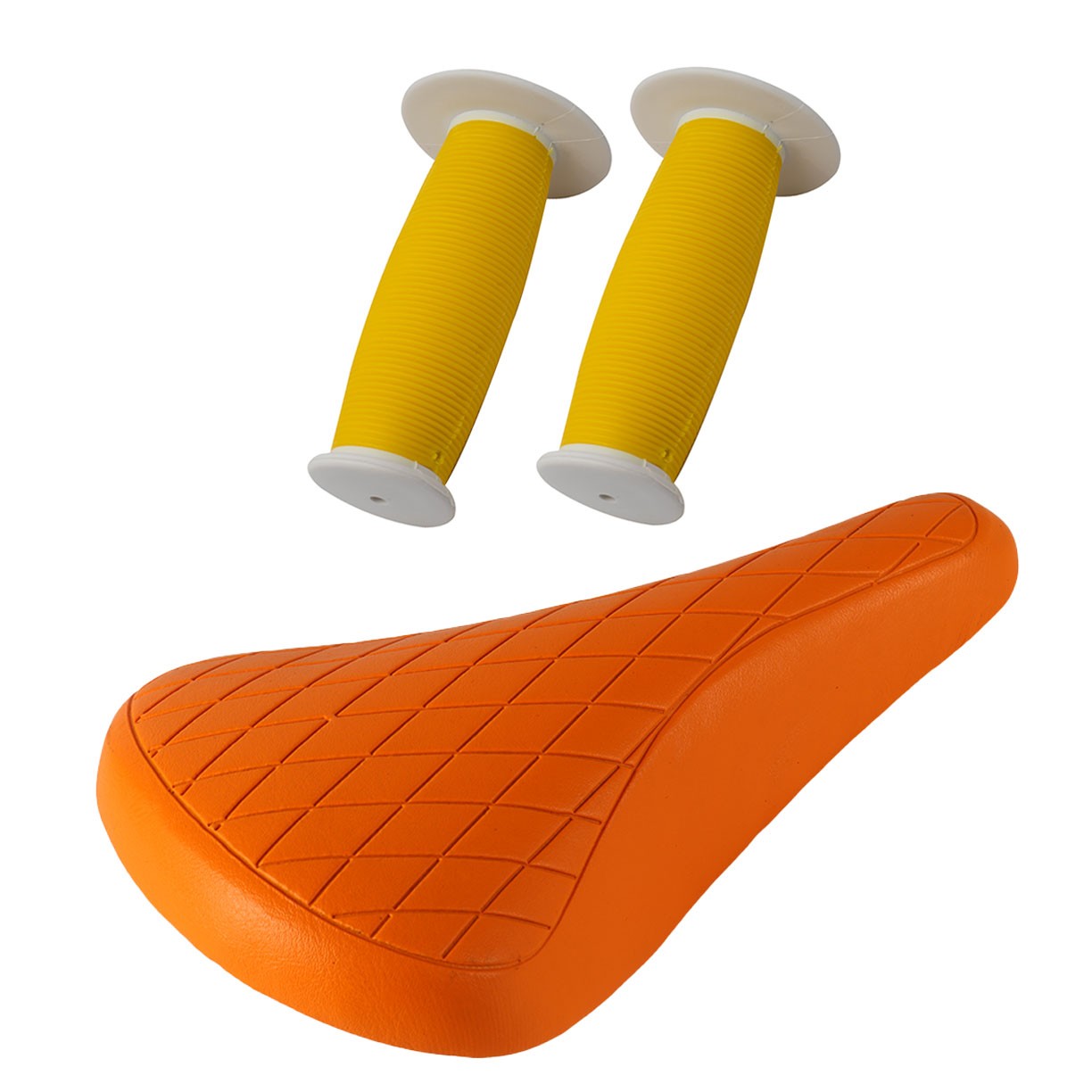 PRO+ Orange Diamond Saddle & Yellow/White Mushroom Grips BMX BIKE