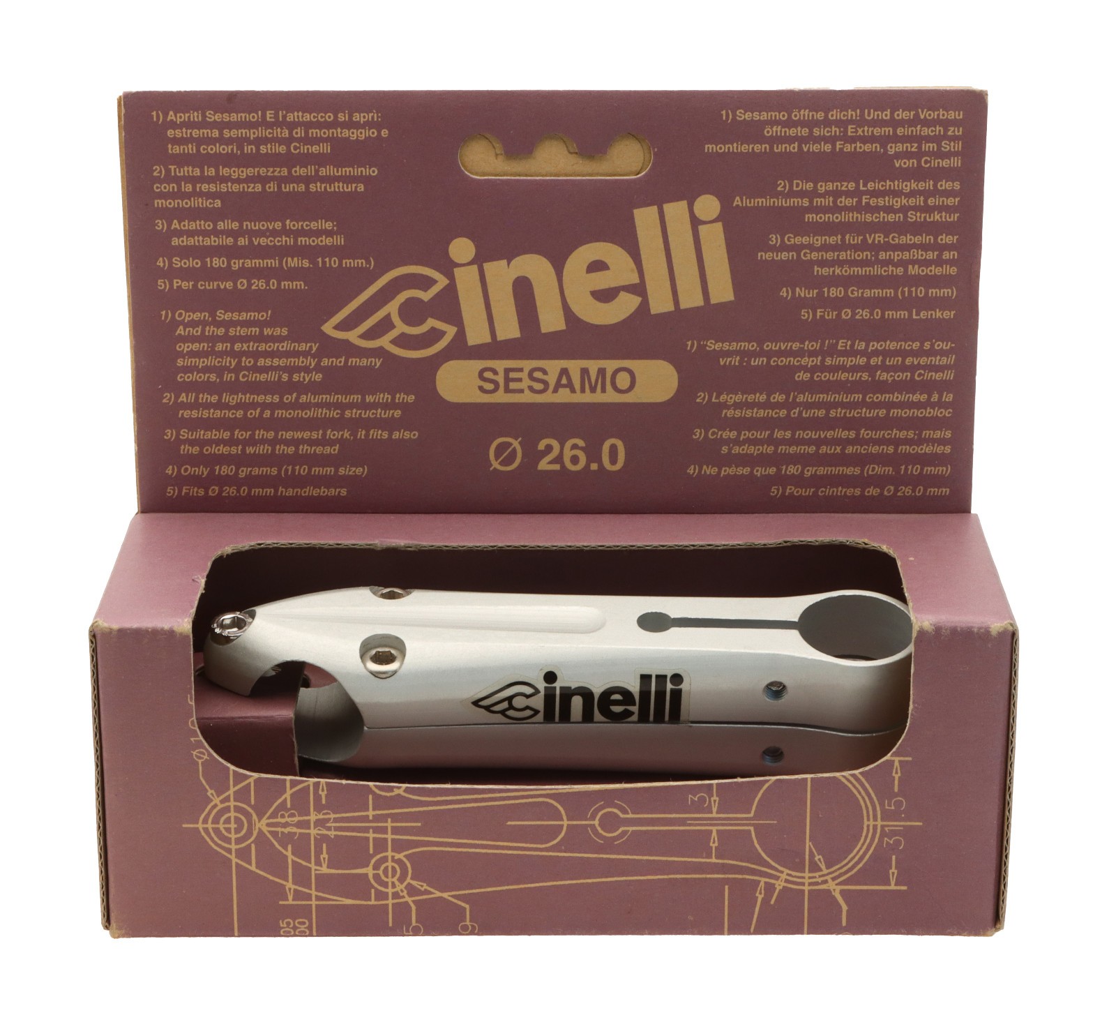 Cinelli 1″ Sesamo 25.4mm Ahead Stem 120mm Length 26.0mm Clamp Silver NEW NOS