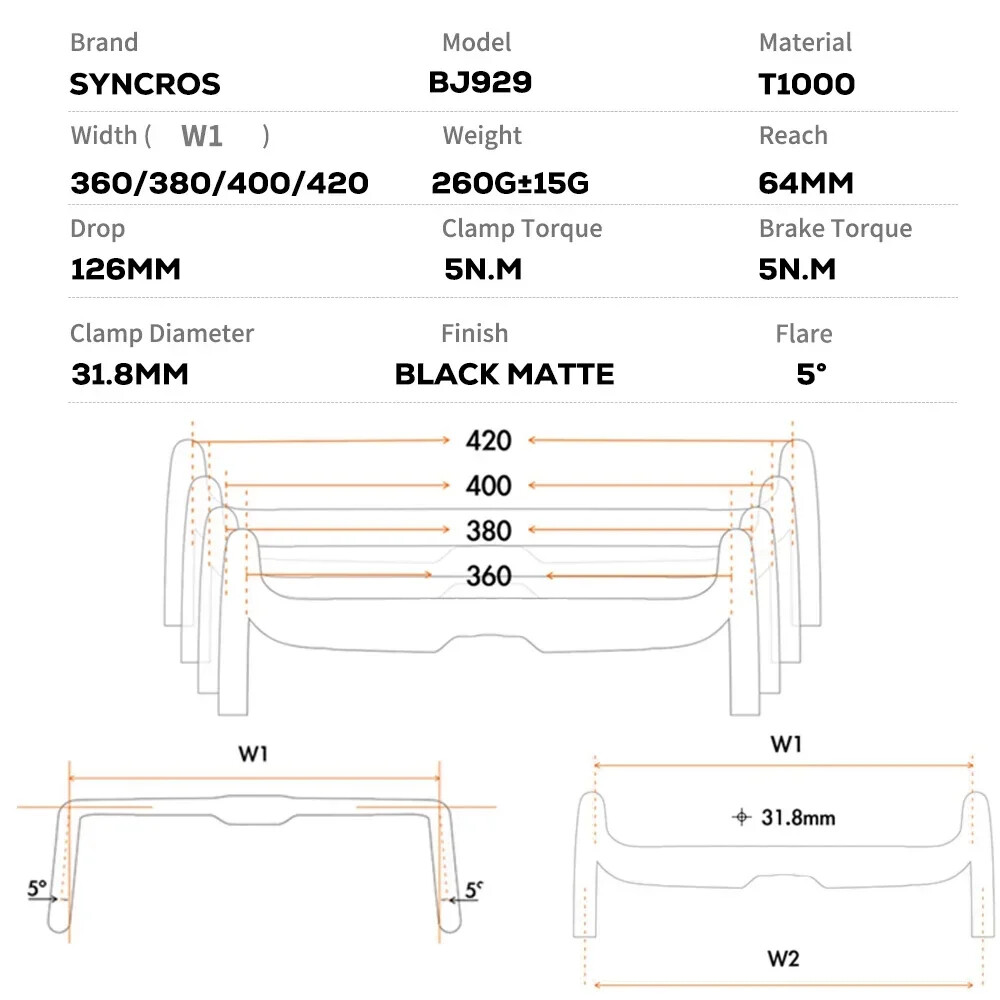 Road Bike Handlebar 380mm/400mm/420mm/440mm Black Matt Fully Internal Routing