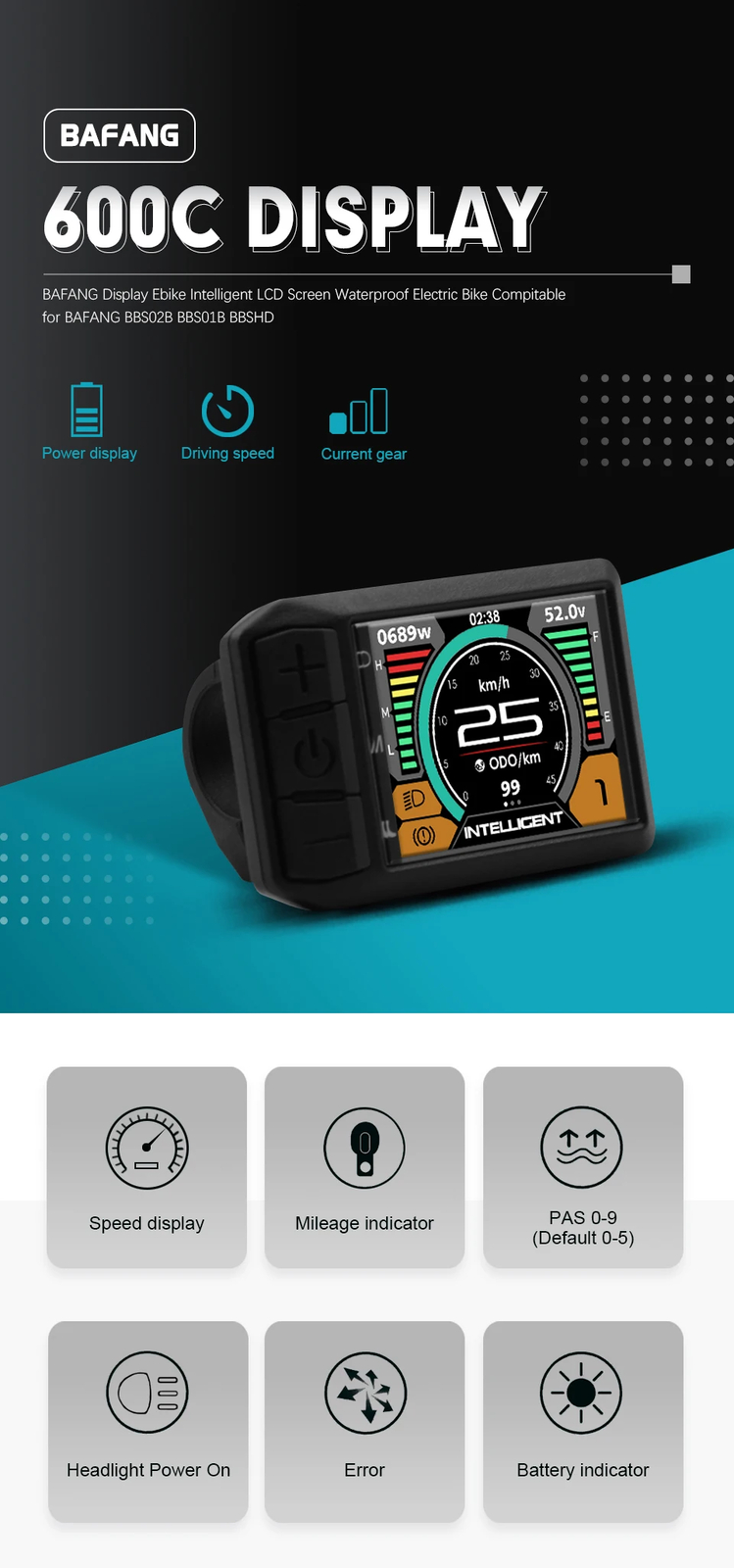 600C LCD Display 5 Pin Waterproof Female Connector for Mid Motor Hub Motor Kits