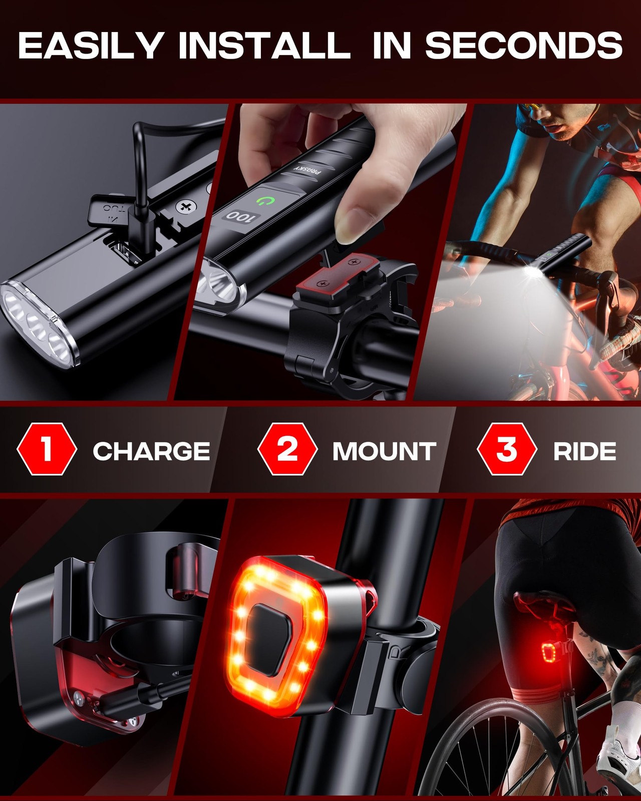 High Lumen Bike Light Set, Prasky Rechargeable Bicycle Lights Front and Rear,…