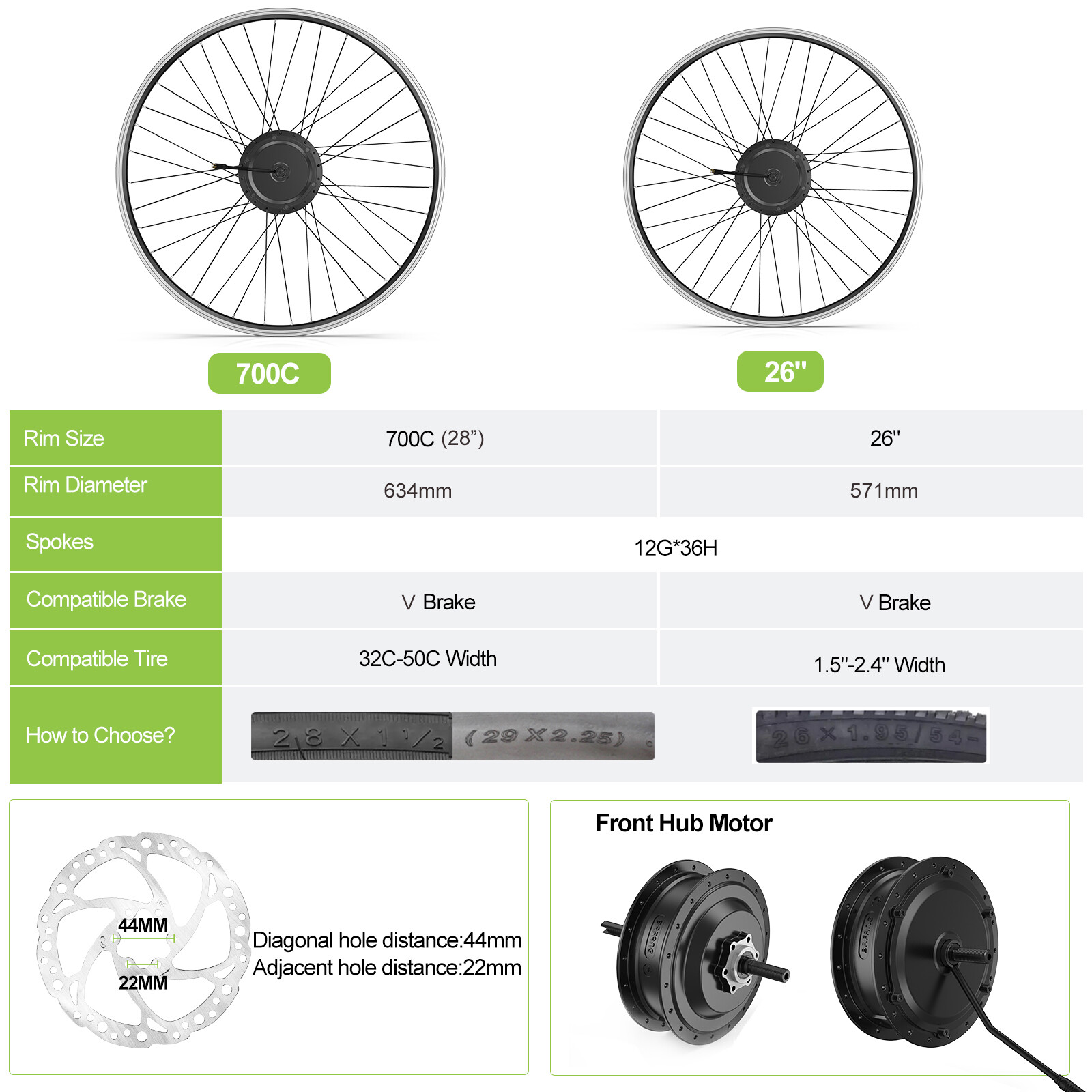 BAFANG FRONT 48V500W 26»700C eBike Conversion Kit Wheel Hub Motor USA