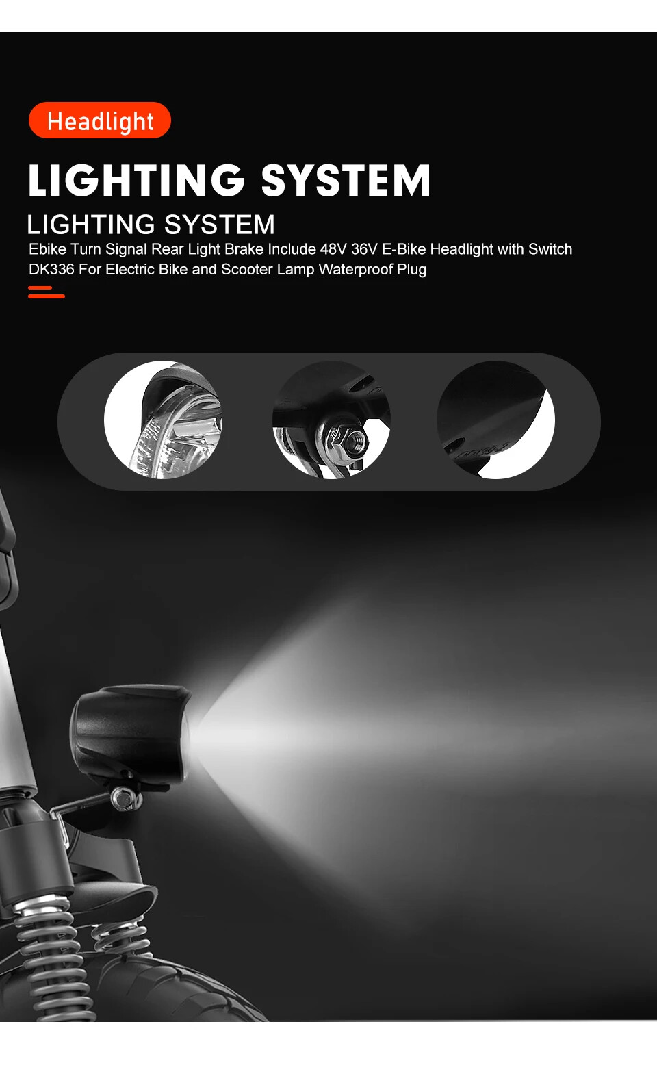 Electric Bike Waterproof Headlight and Rear Light Set 36V/48V DK336 Switch Cable