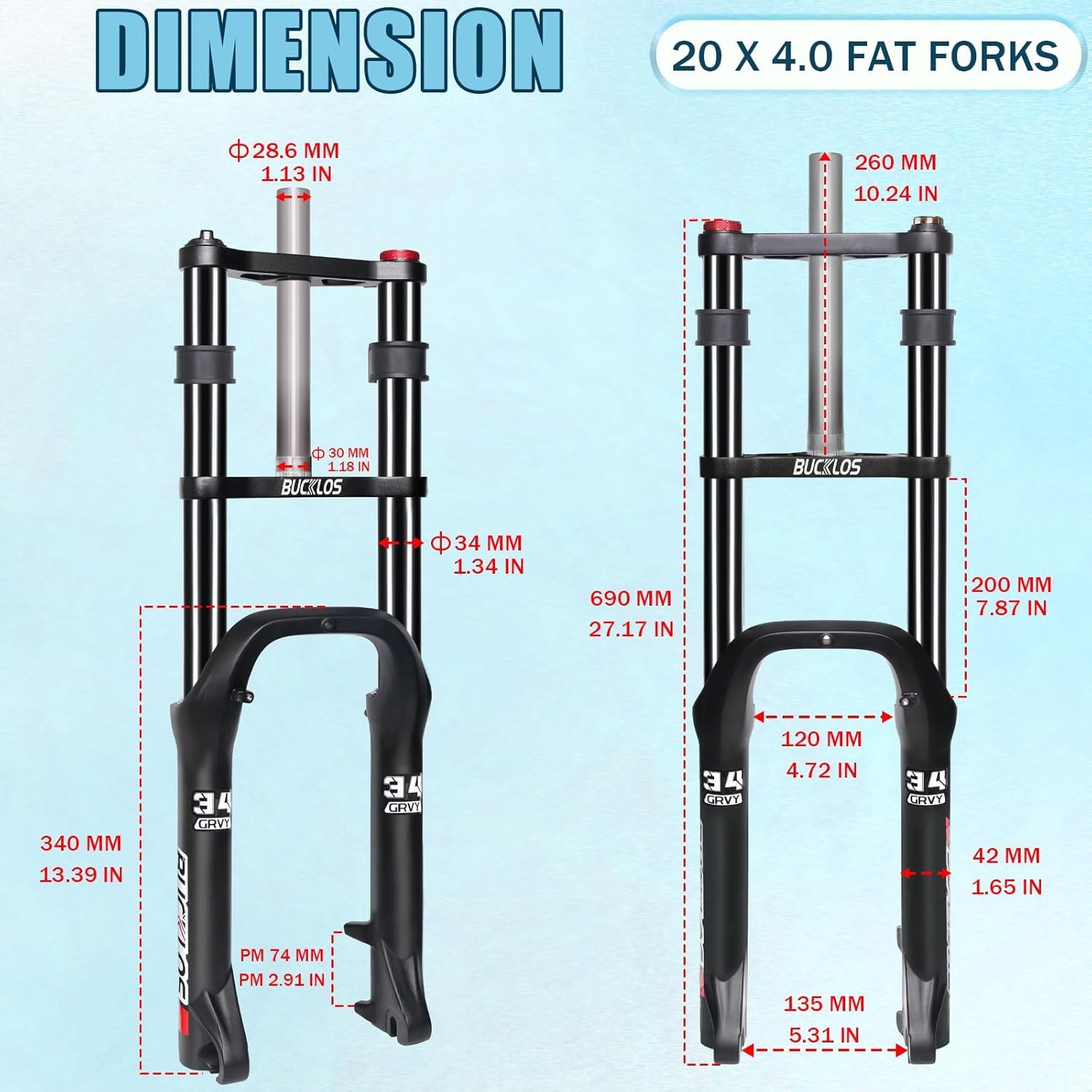 BUCKLOS 20/26″ E-Bike 4.0 Fat Tire Air Suspension Forks 180mm Travel 9x135mm QR