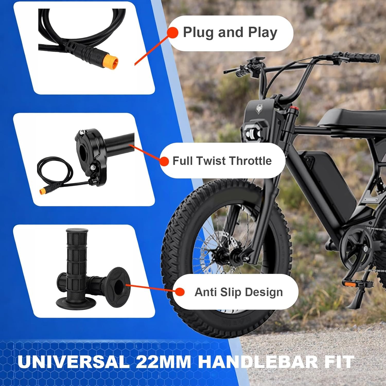 Ebike Full Twist Throttle for Macfox, 3 Pin Surron Style Throttle Grip Kit 12V-7