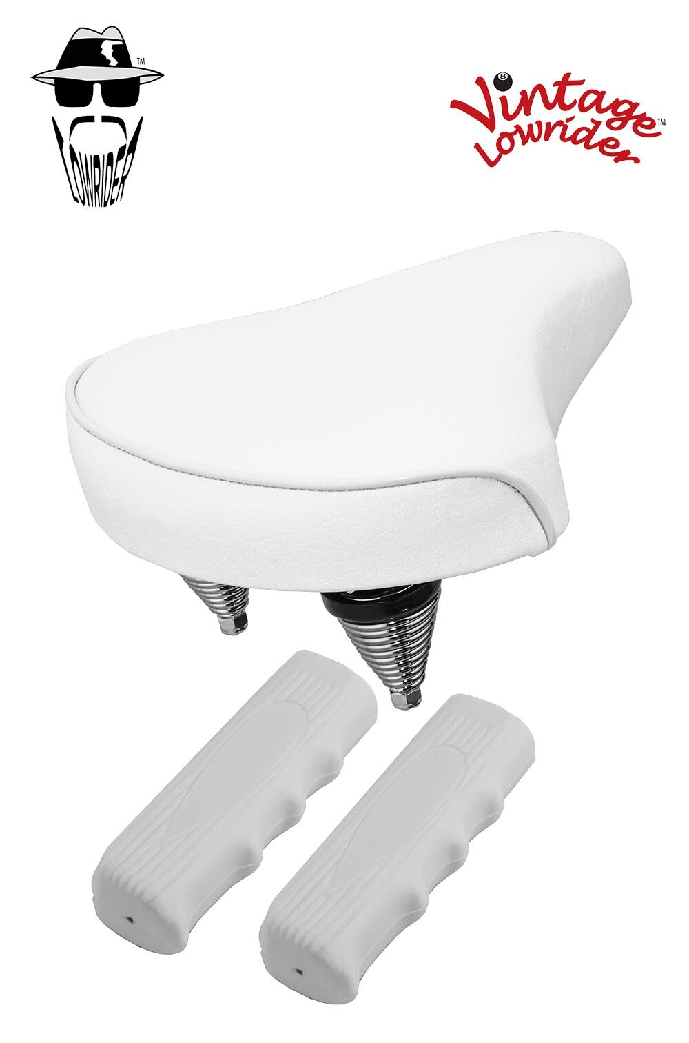 NEW! BEACH CRUISER VINYL SADDLE 209 IN ALL WHITE W/WHITE CUSTOM GRIPS.