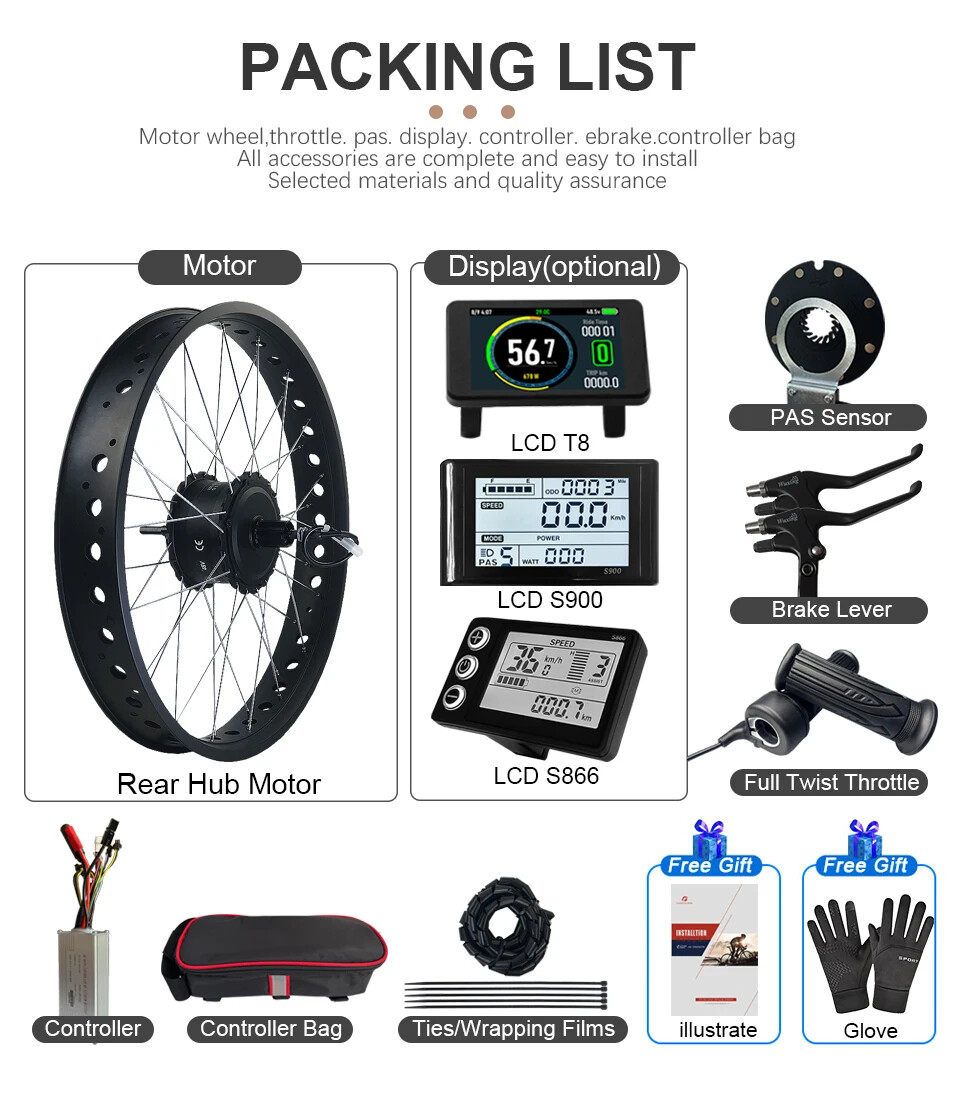 36V 48V 500W 20 24 26er Snow Fat E-bike Rear Cassette Hub Motor Conversion Kit