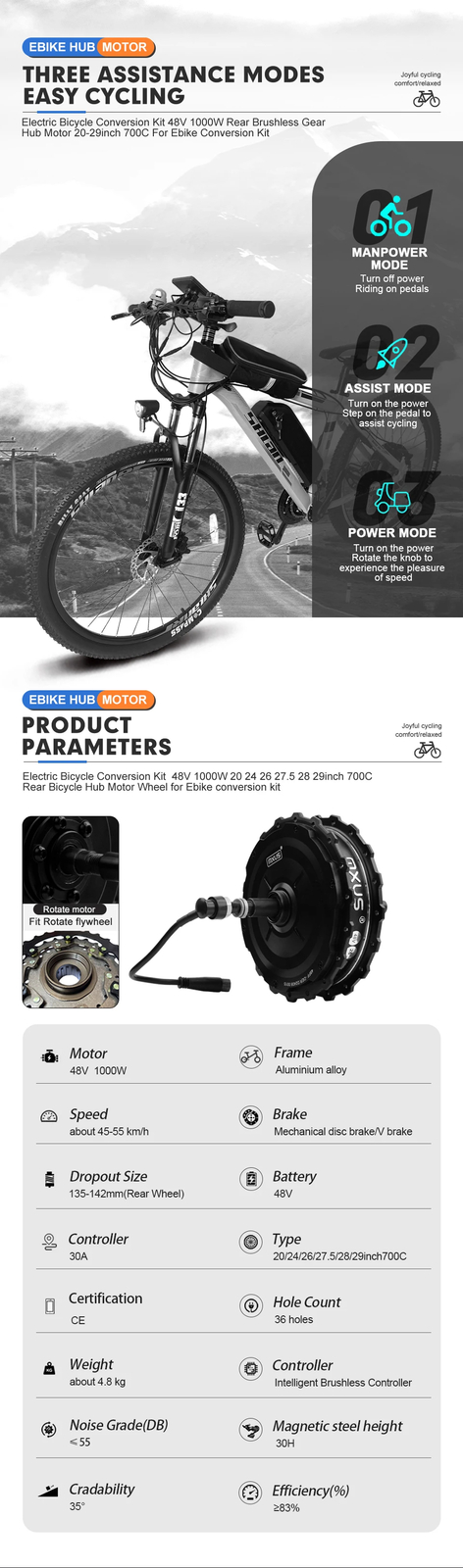48V 1000W Ebike Motor Kit Rear Brushless Geared Hub Motor Wheel with LCD Display