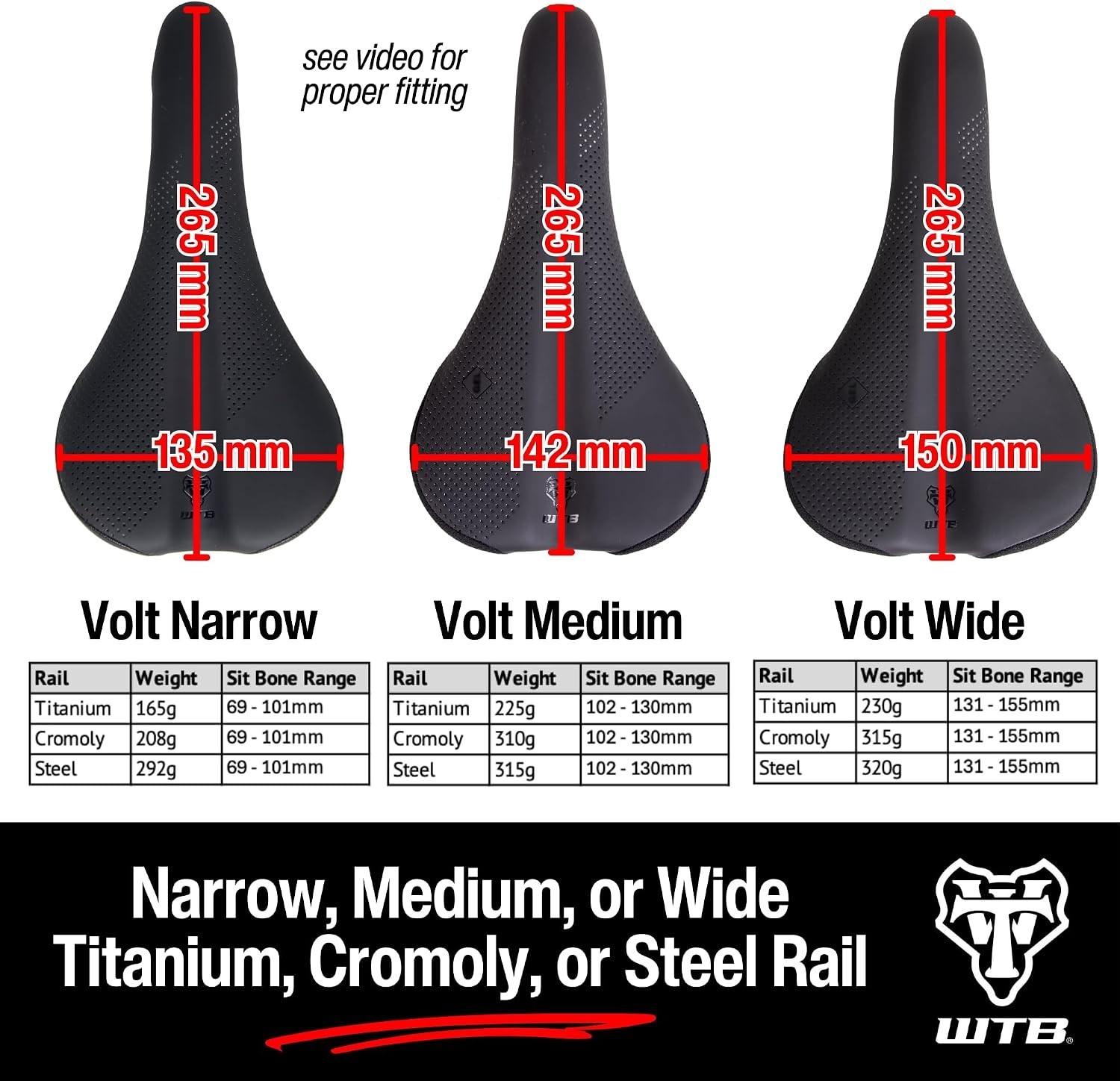 WTB Volt Saddle CROMOLY – Medium, Black 265mm Length, 142mm Wide