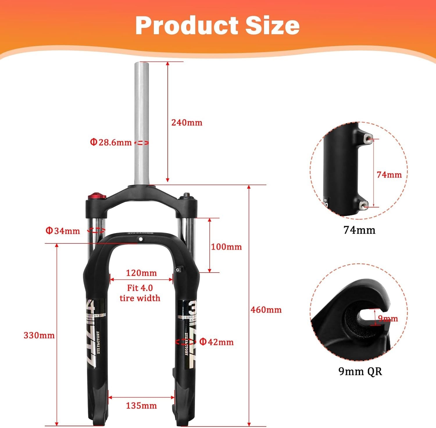 ZTZ 20/26 * 4.0 inch Fat Tire Oil Spring Suspension Fork, 135mm Spacing Hub- HOT