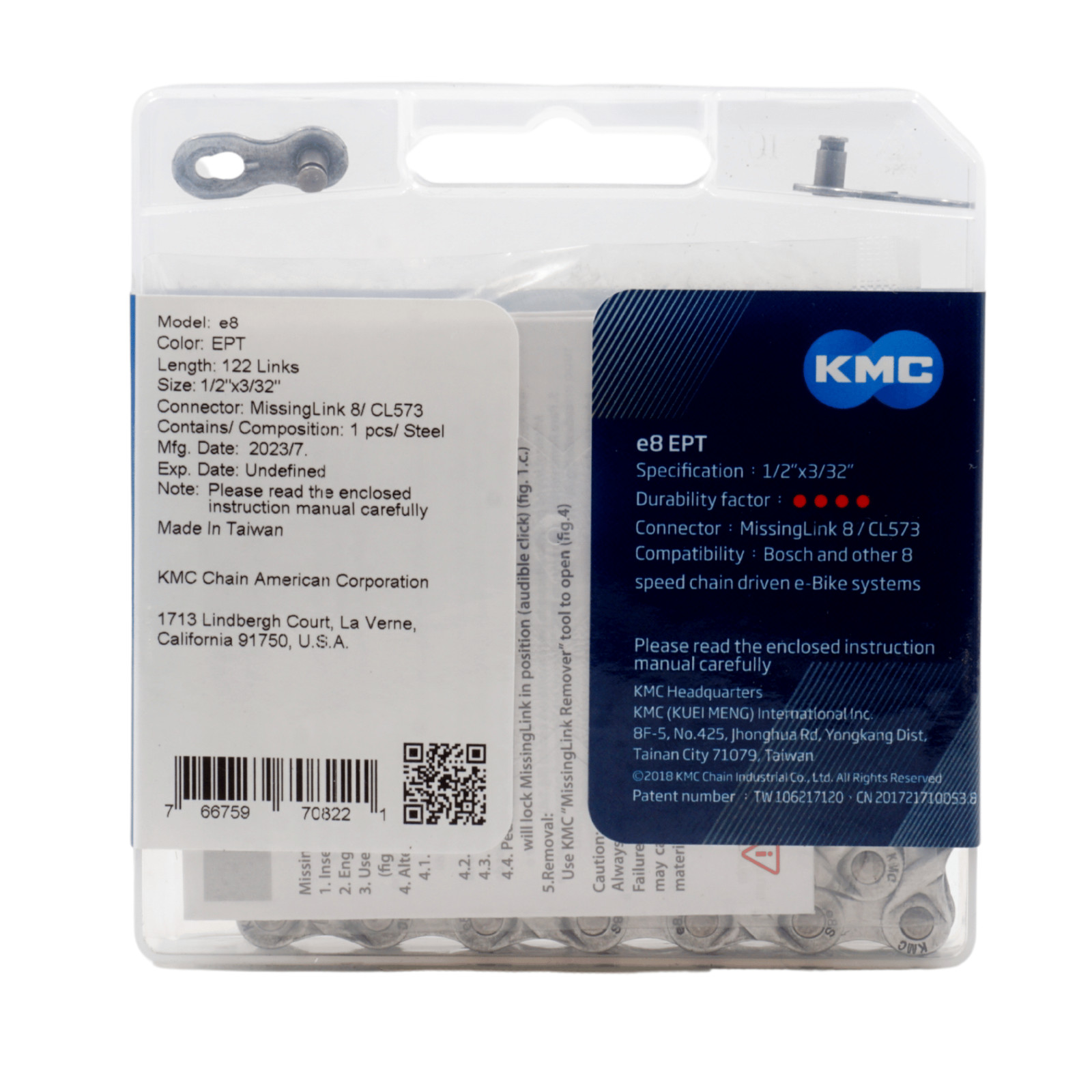 KMC E8 EPT 8-Speed Anti-Rust eBike Chain 1/2×3/32 Silver 122 Links