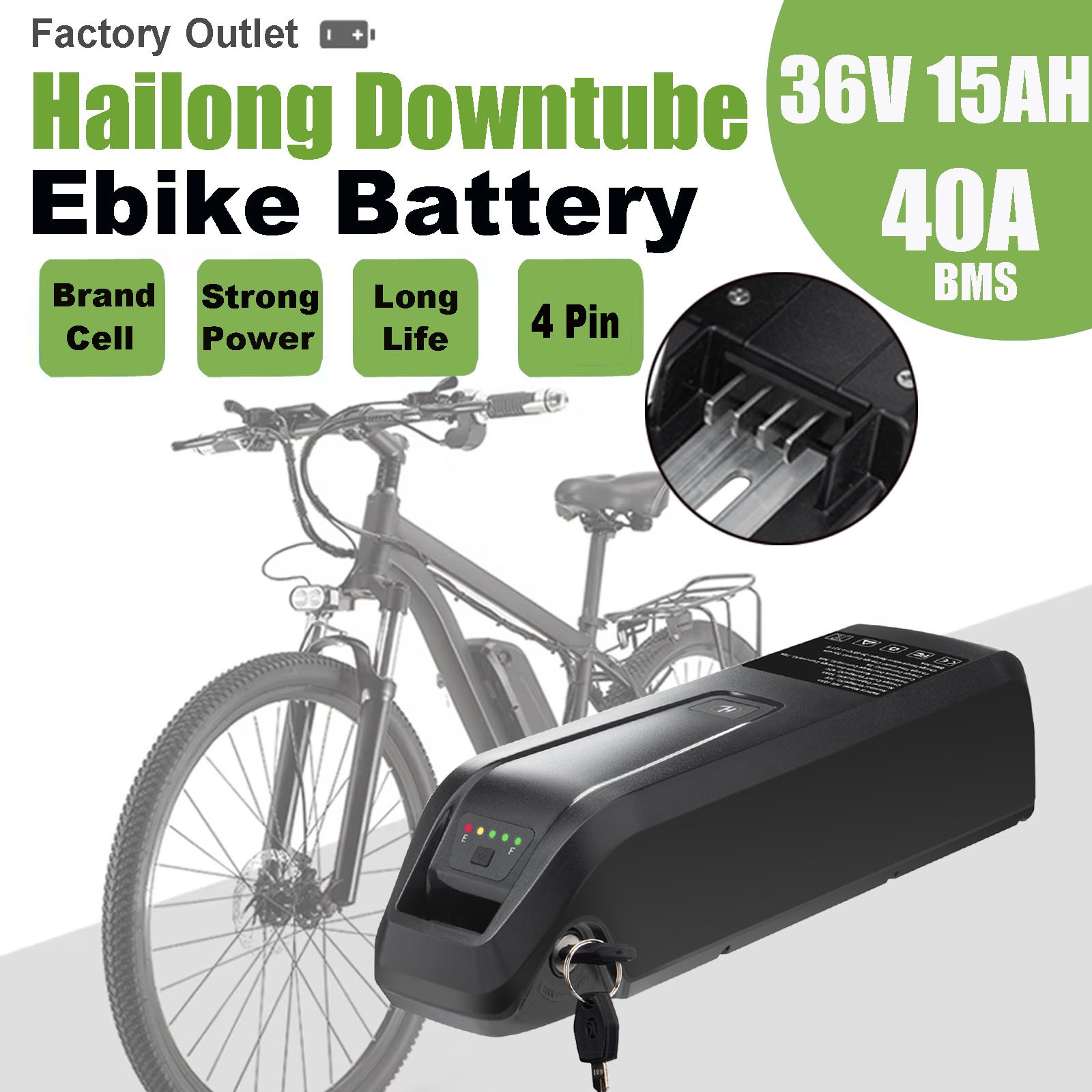 36V Ebike Lithium Battery 15Ah with 40A BMS f o Electric Bicycle 0-1000W Motor
