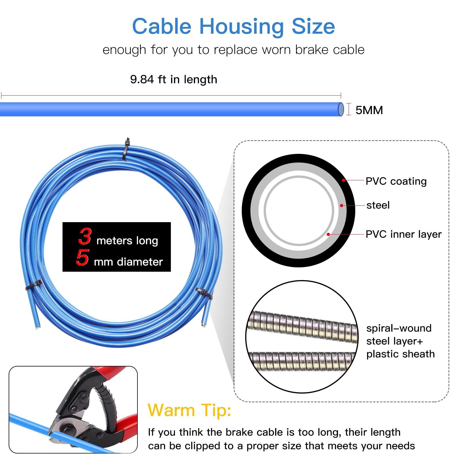 Universal Brake Cable Housing,5mm 3Meters,Lined Bicycle/Bike Brake Cable Housing