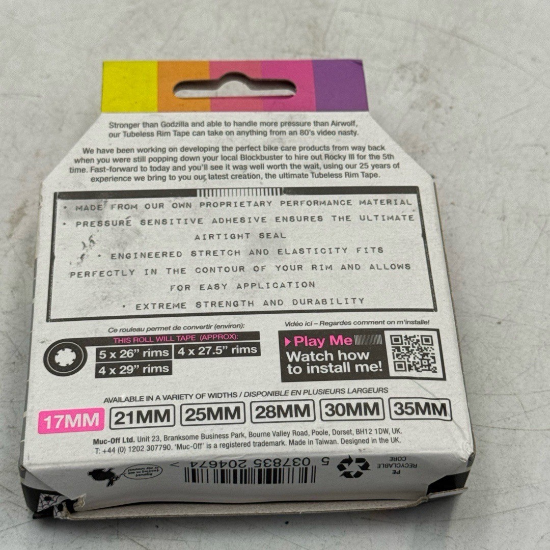 Muc-Off Tubeless Rim Tape 10m 17mm Pink 20068 Durable Airtight Seal 4 Seal Patch