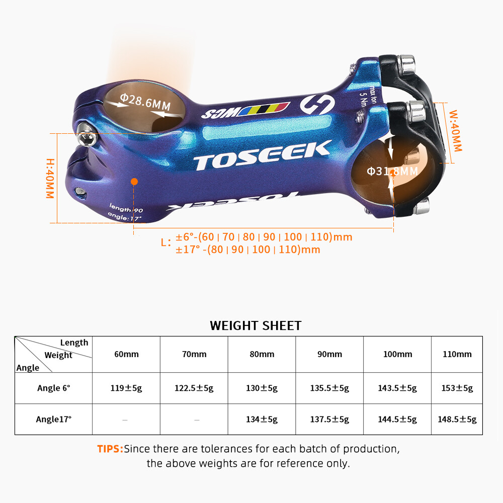 TOSEEK 6°/17° Bicycle Stem Aluminum Mountain Road Bike Stem 28.6*31.8mm 60-110mm