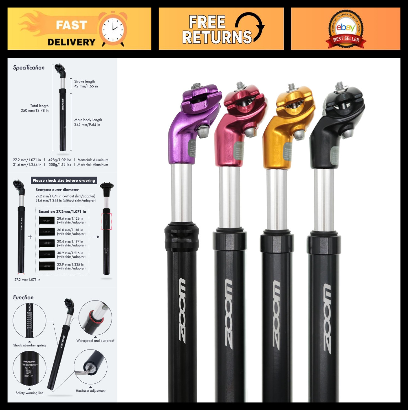 Lightweight Aluminum Bike Suspension Seatpost Shock Absorber 27.2/30.9/31.6mm