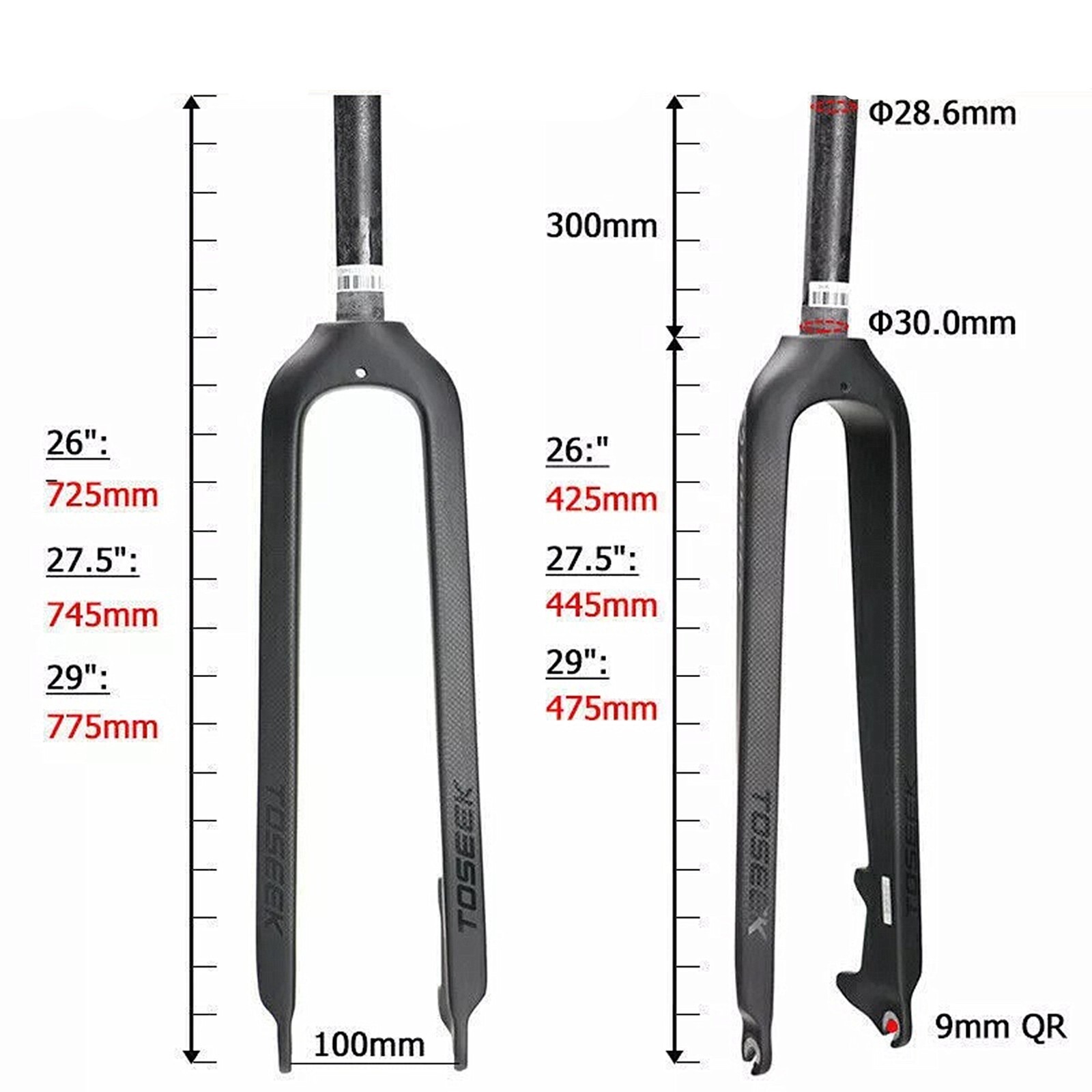 29″ Tossek 1-1/8″ Carbon MTB Rigid Front Fork Disc Brake Straight Tube 28.6mm QR