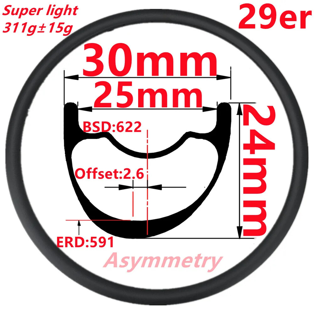 XC MTB Bicycle 29er Carbon Rim 24x30mm 28 Holes Asymmetric UD Matte Glossy