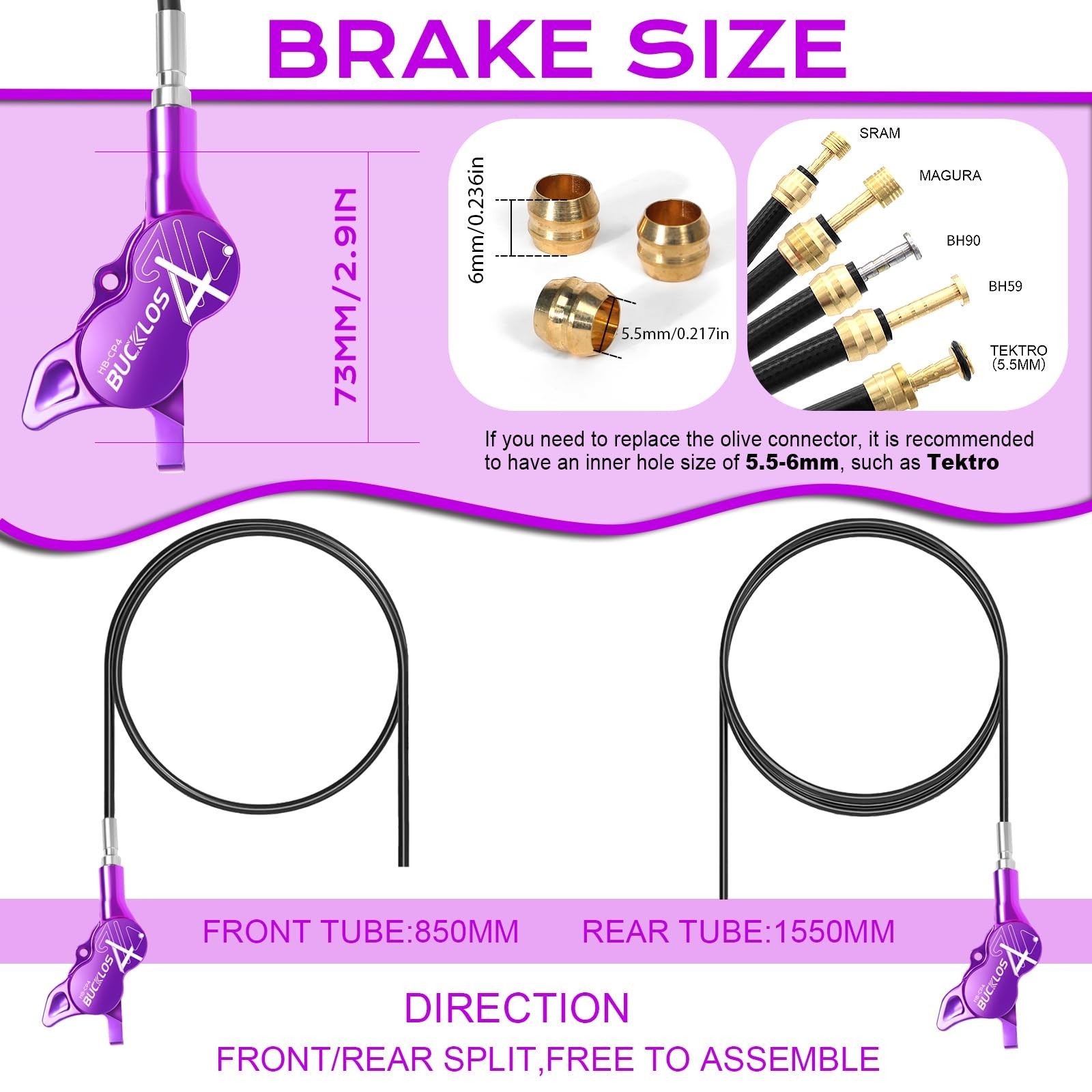 BUCKLOS MTB Hydraulic Disc Brake Set 4 Pistons Front 850mm and Rear 1550mm Hy…