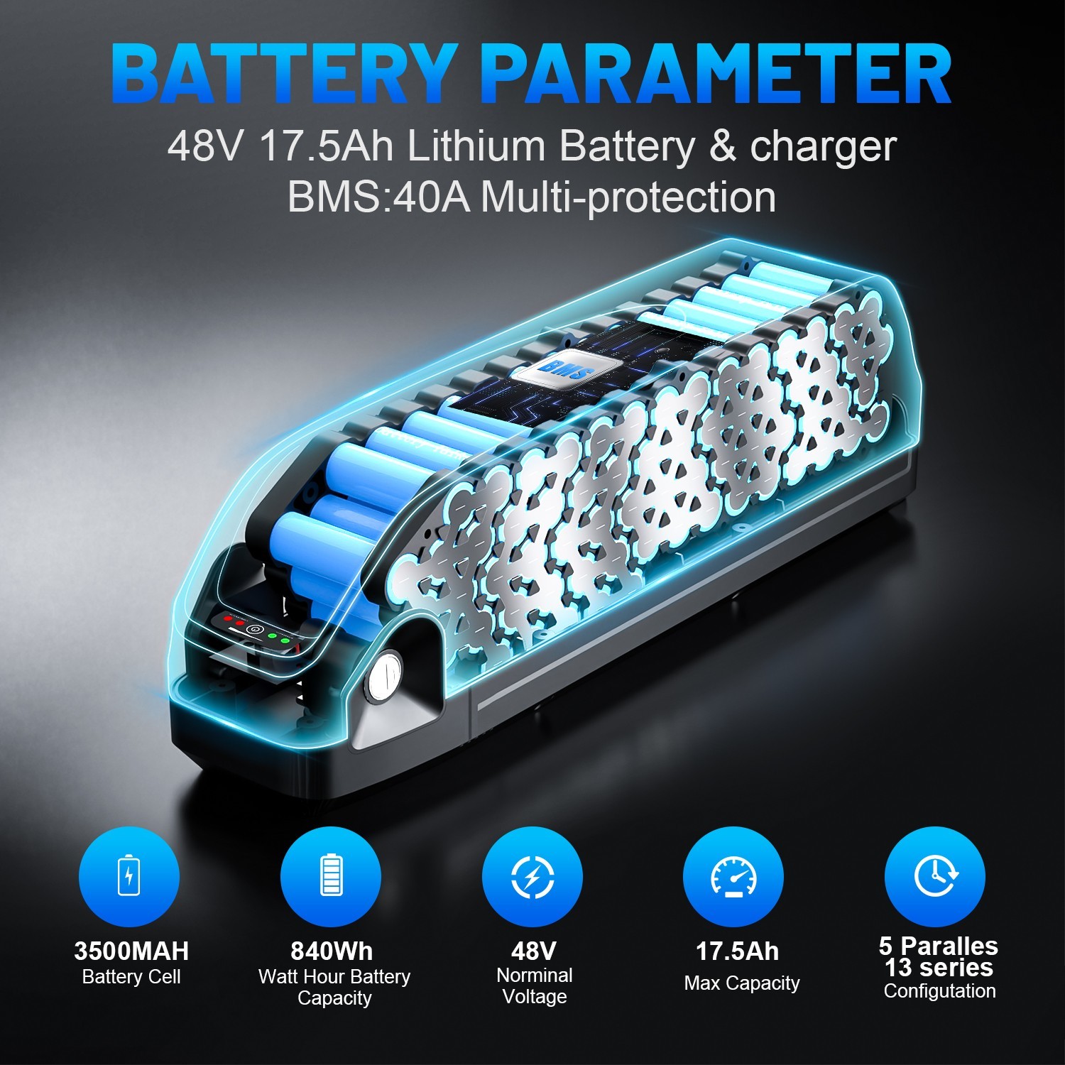 48V 17.5Ah Hailong Ebike Lithium Battery 40A BMS with Samsung Cells 100-1500W