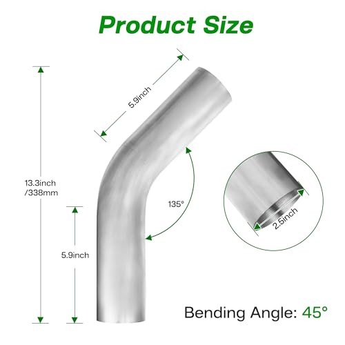 2.5″ OD 45 Degree Exhaust Pipe Stainless Steel Mandrel Bend Elbow, 2.5 Inch