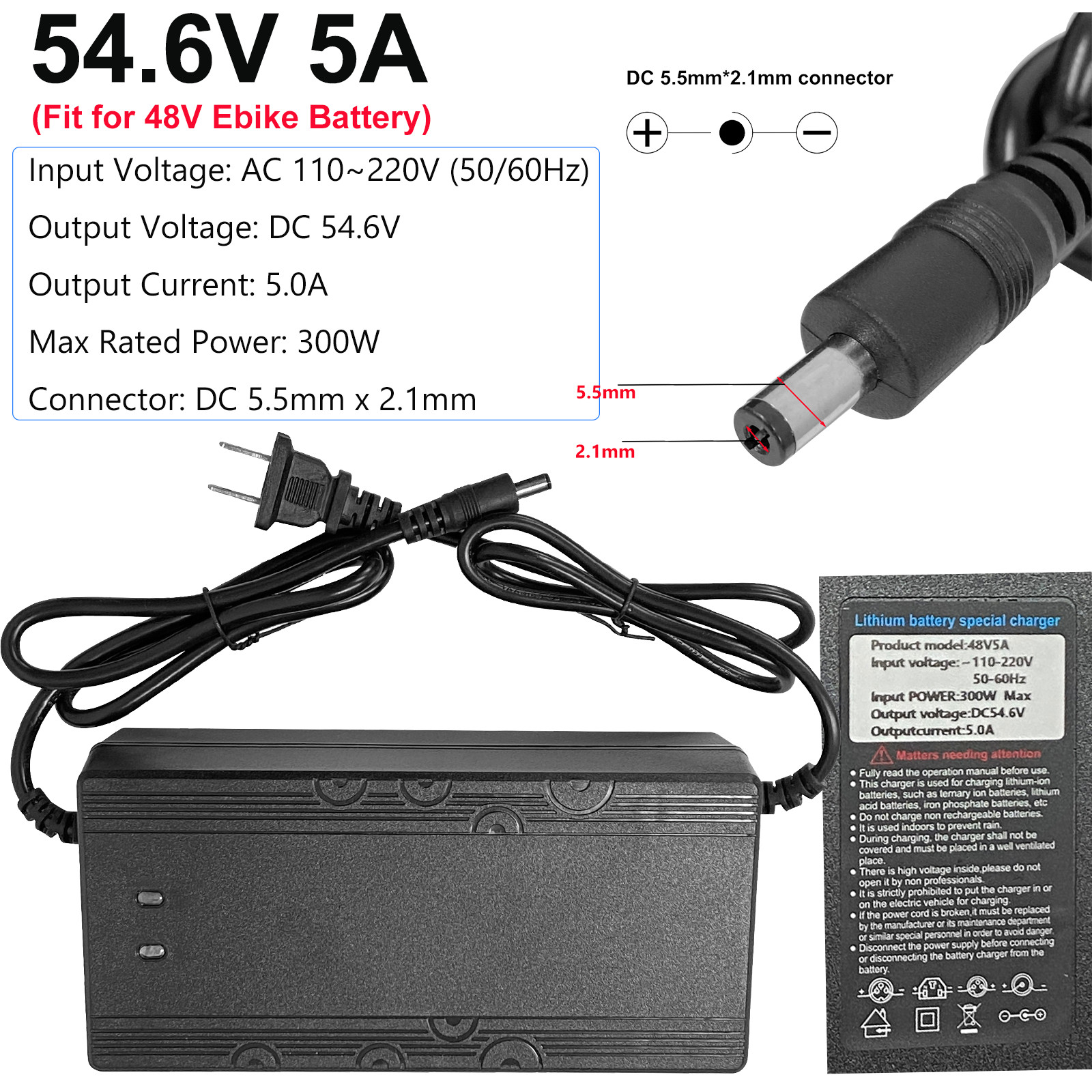 54.6V 5A Smart Charger DC 5.5×2.1mm Plug for 48V Electric Bicycle Li-ion Battery