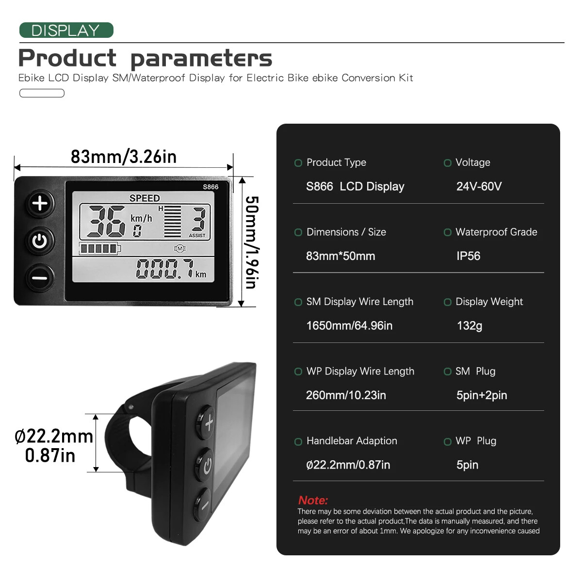 Electric Bicycle JN LCD S866 Display 24V36V48V52V60V with 5pin SM/WP Plug