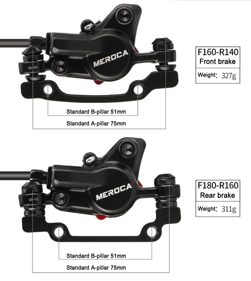 2pcs MTB Bike Hydraulic Disc Brake 2-Piston Front/Rear 800/1400mm +160mm Rotor