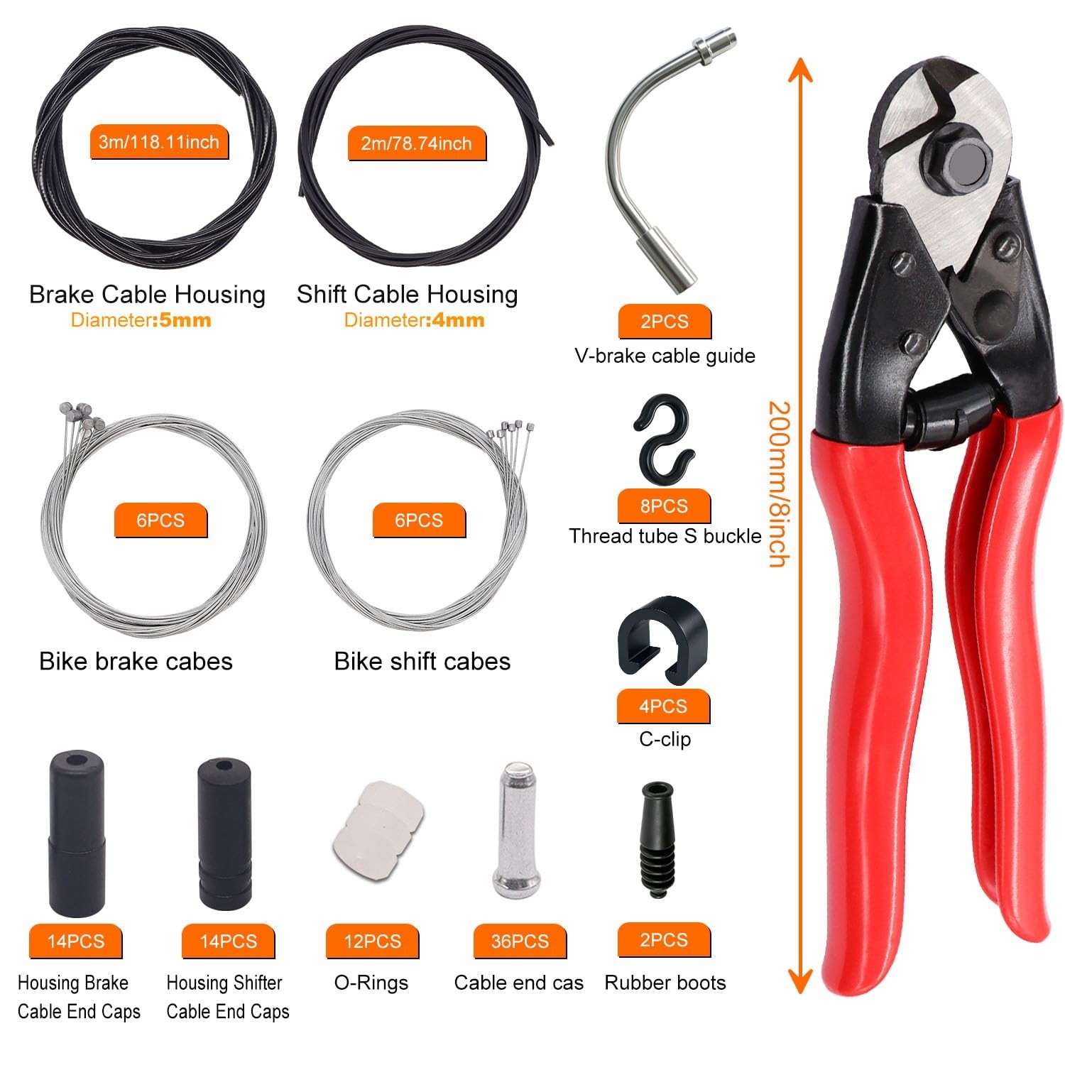 107PCS Universal Bike Cable Kit – Stainless Steel Wire Cutter, Brake & Shift Cab
