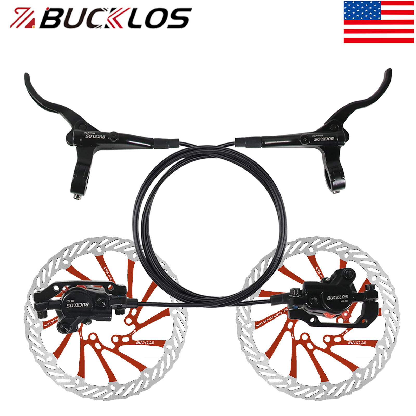 BUCKLOS MTB Hydraulic Disc Brake Set with Red G3 160mm Rotor 2 Pistons for MTB