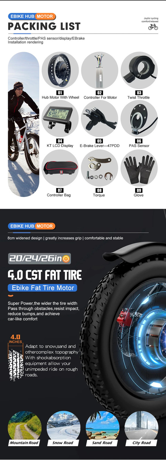 Ebike Conversion Kit 2000W 48V Rear Rotate Hub Motor Wheel 20/24/26Inch 4.0 Tire